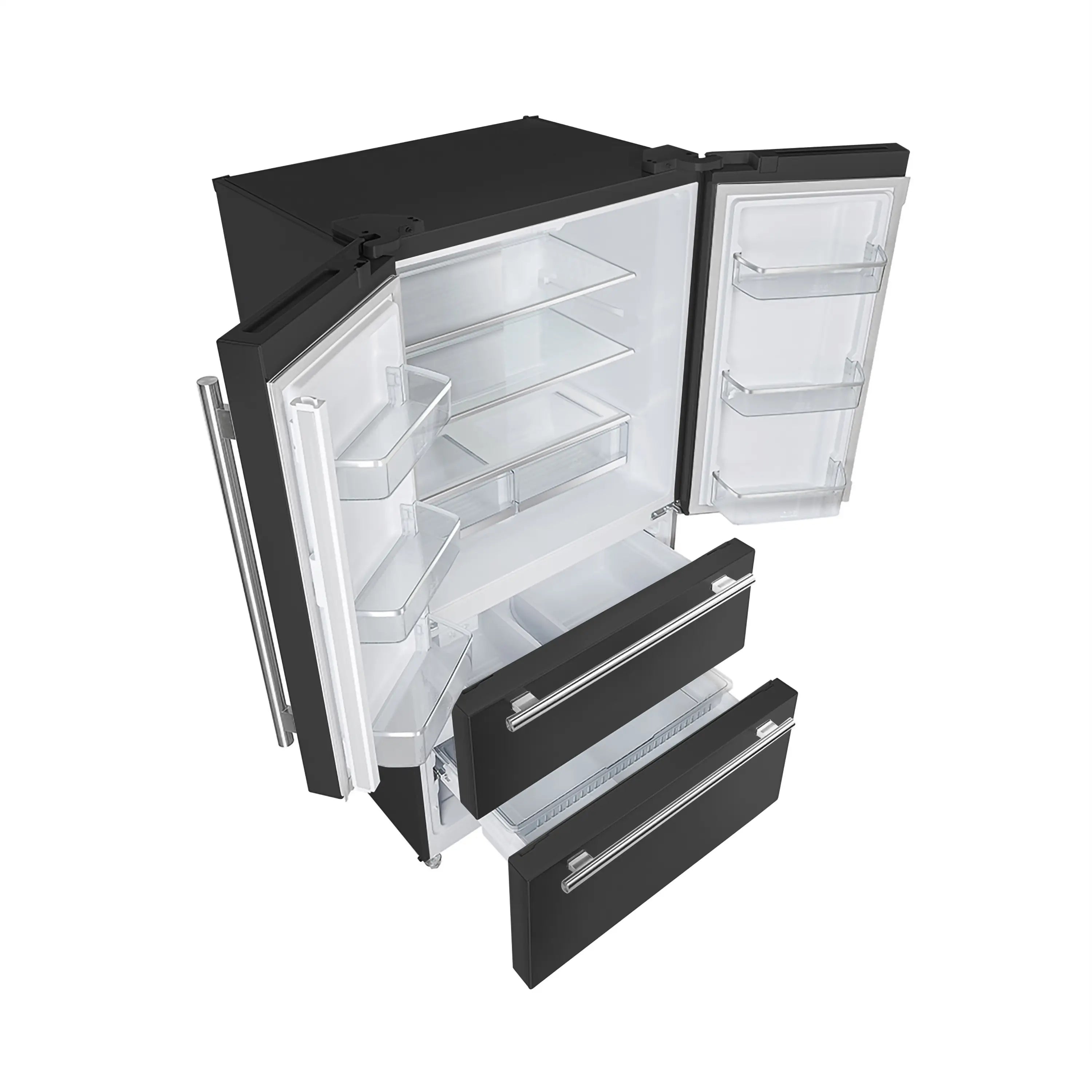 Black French door refrigerator with one door open, interior shelves and storage drawers