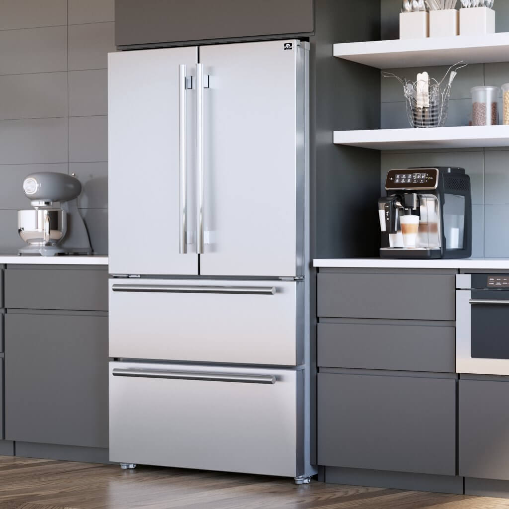Stainless steel double-door refrigerator in a built-in kitchen setting