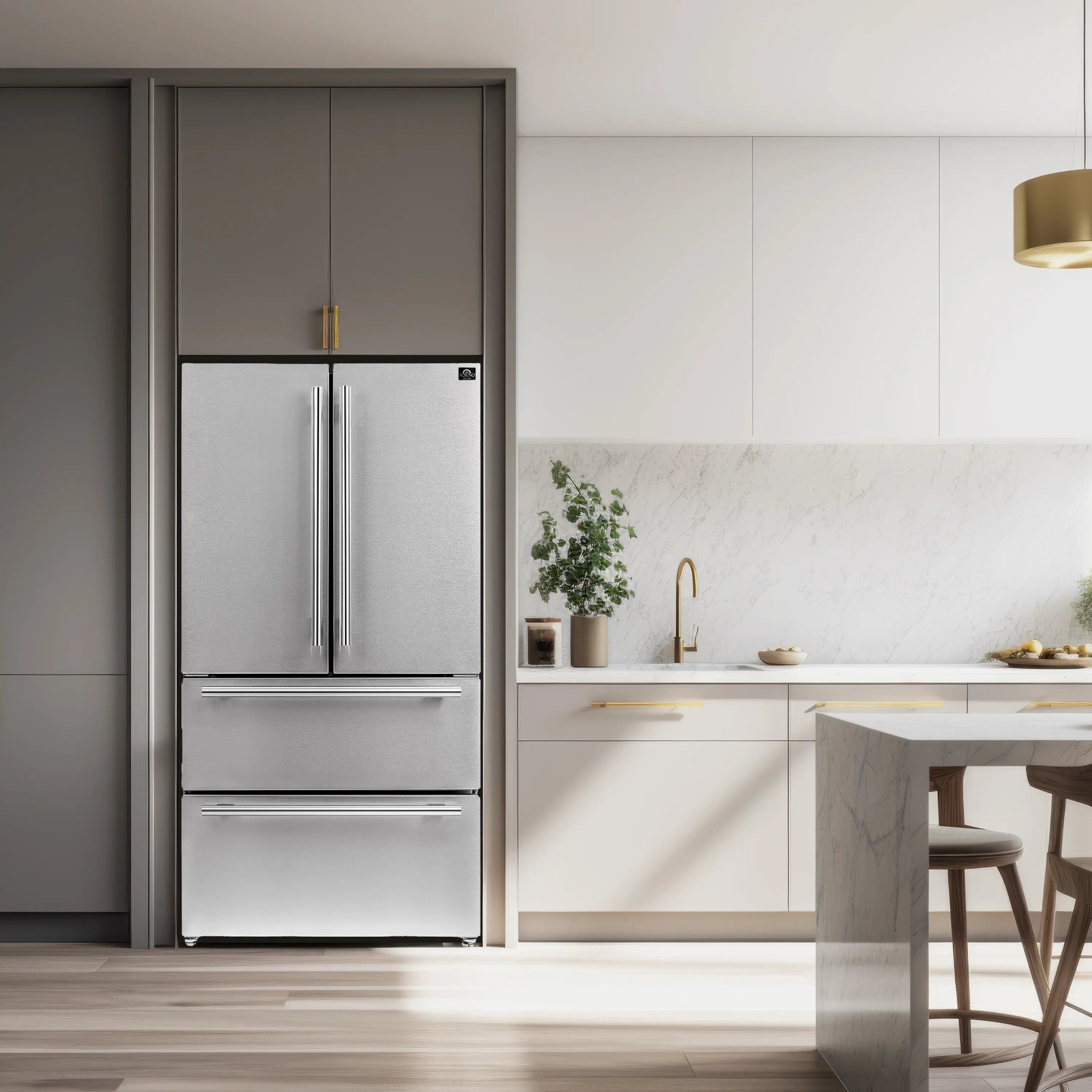 Stainless steel French-door refrigerator with open doors and built-in water dispenser