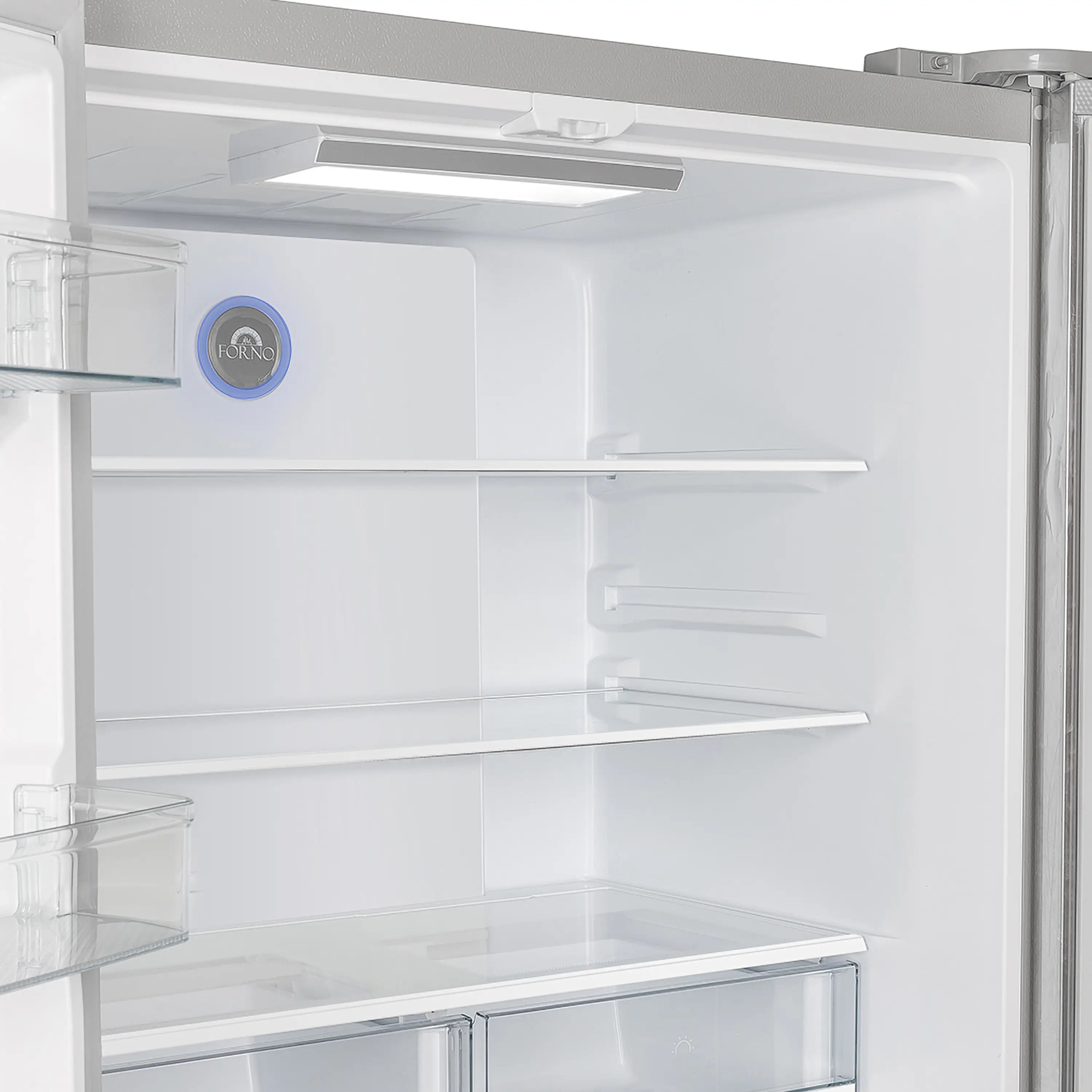 Refrigerator interior with shelves and blue FORNO badge on back wall