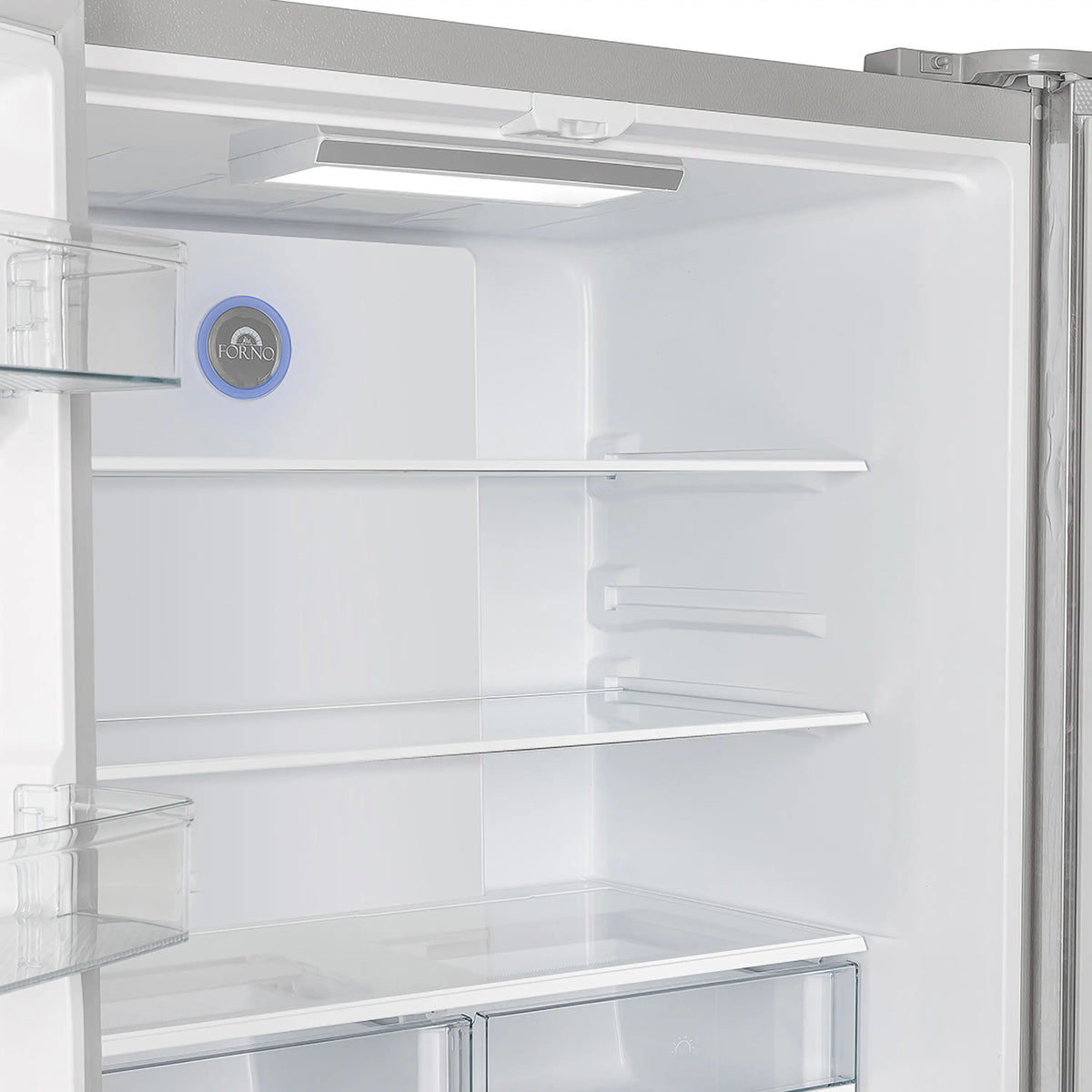 Stainless French door refrigerator interior with white shelves and door storage bins