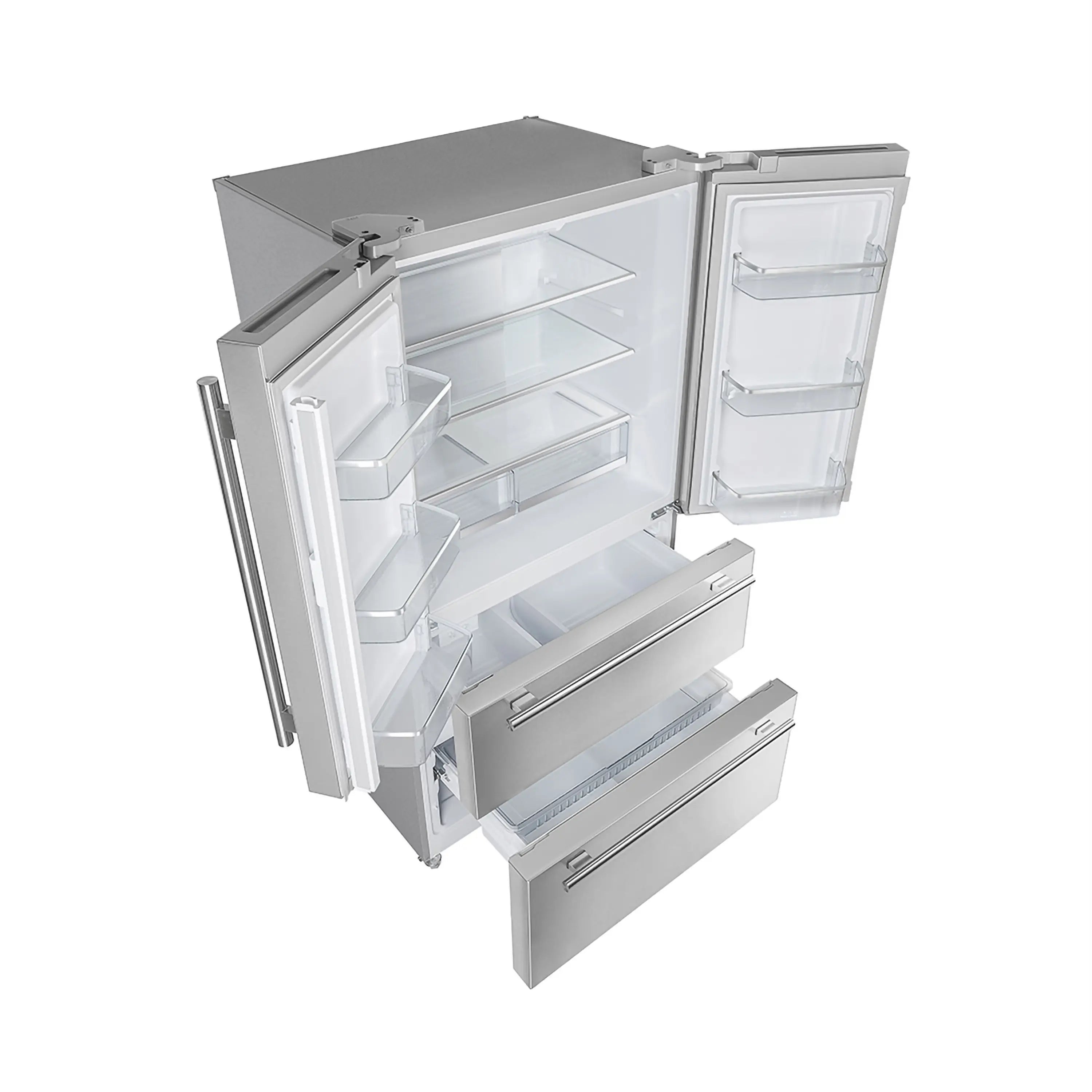French door refrigerator with one door open, freezer drawer and racks visible