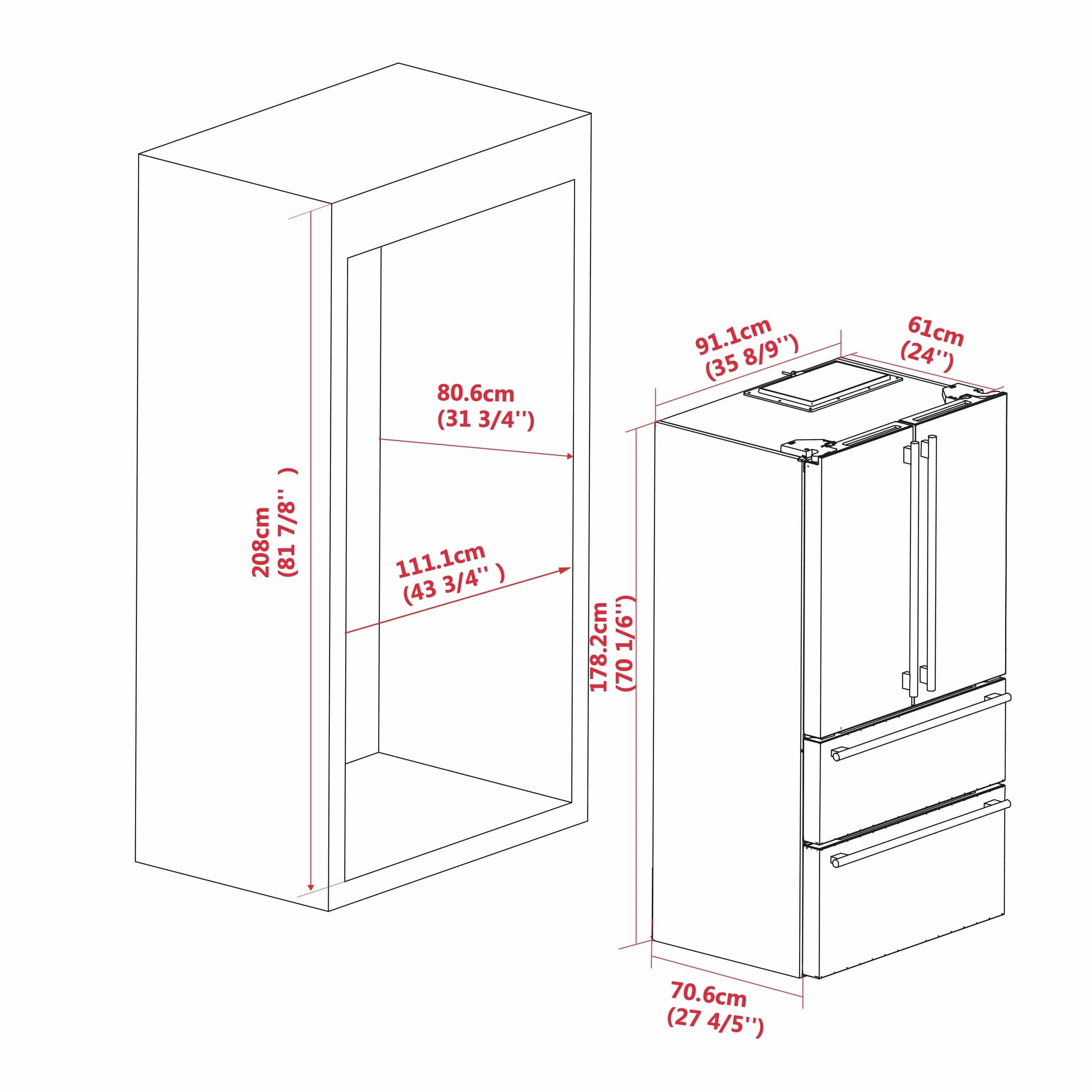 Refrigerator product size diagram with exterior dimensions and height/width labels