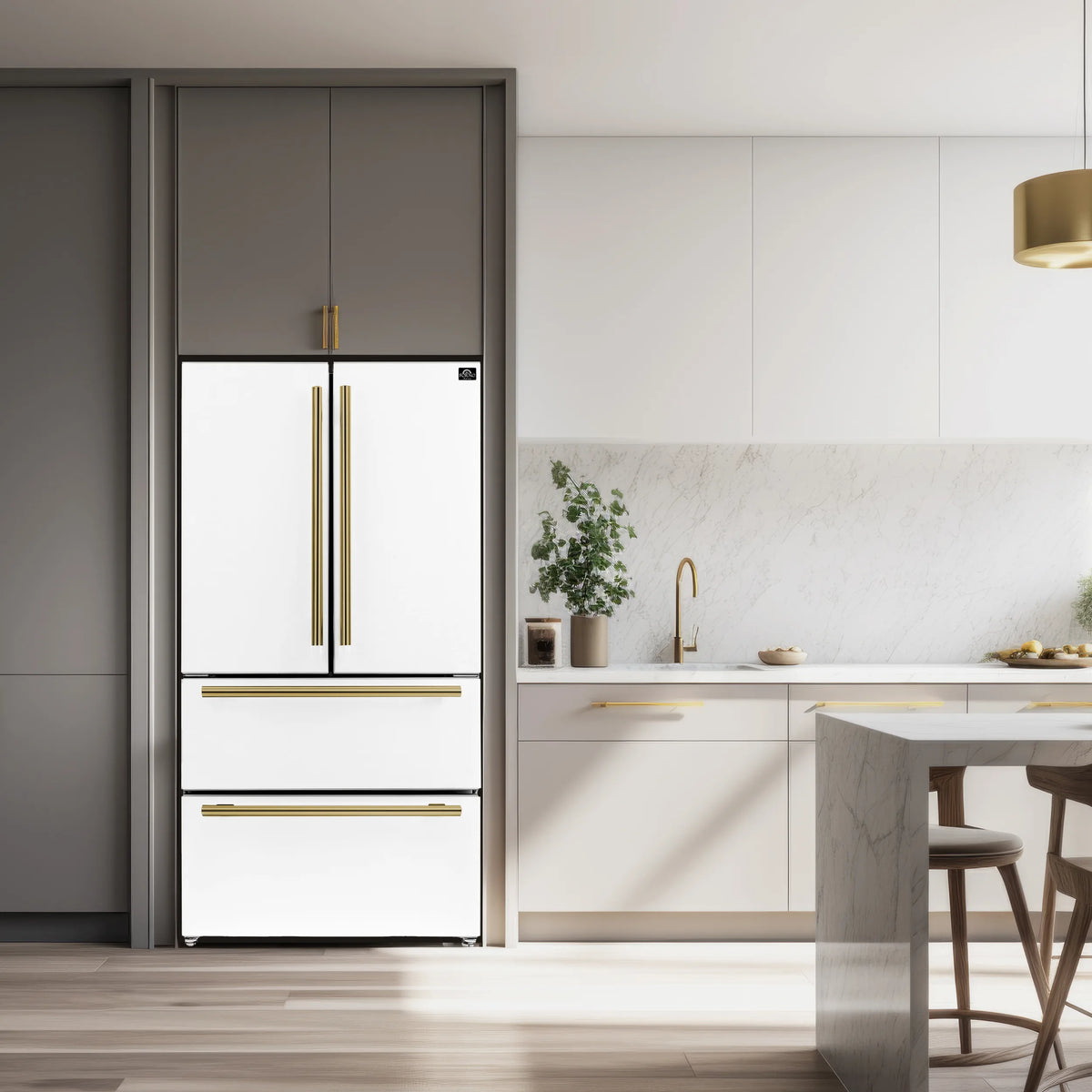 Forno Espresso Moena 36-inch 19.2 Cu.ft French Door Refrigerator in White with Stainless Steel Trim shown in a styled kitchen
