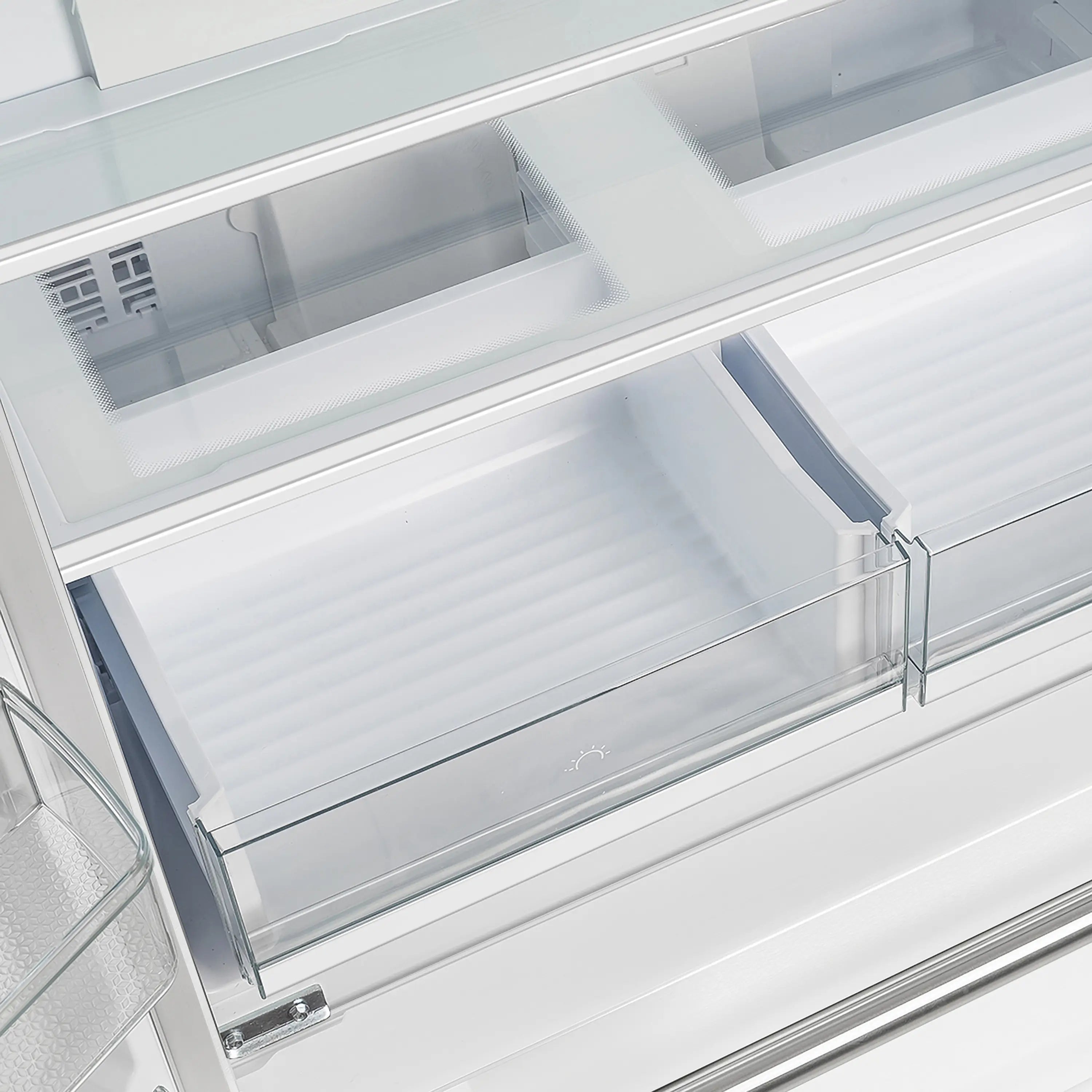 White freezer drawer with glass bin door and chrome handle