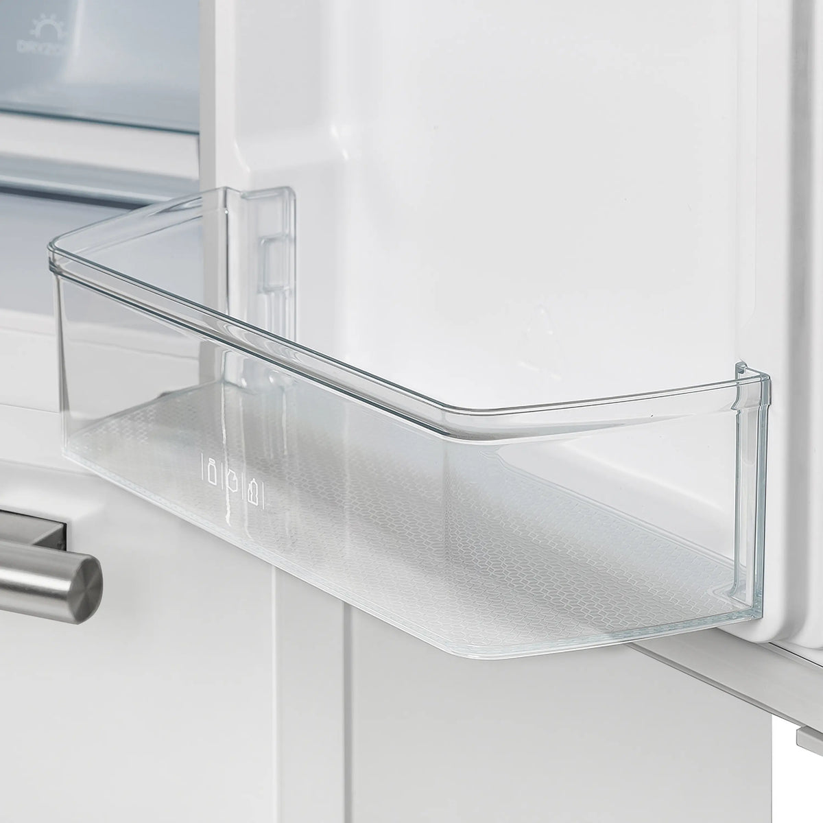 Transparent refrigerator door shelf bin in white door panel