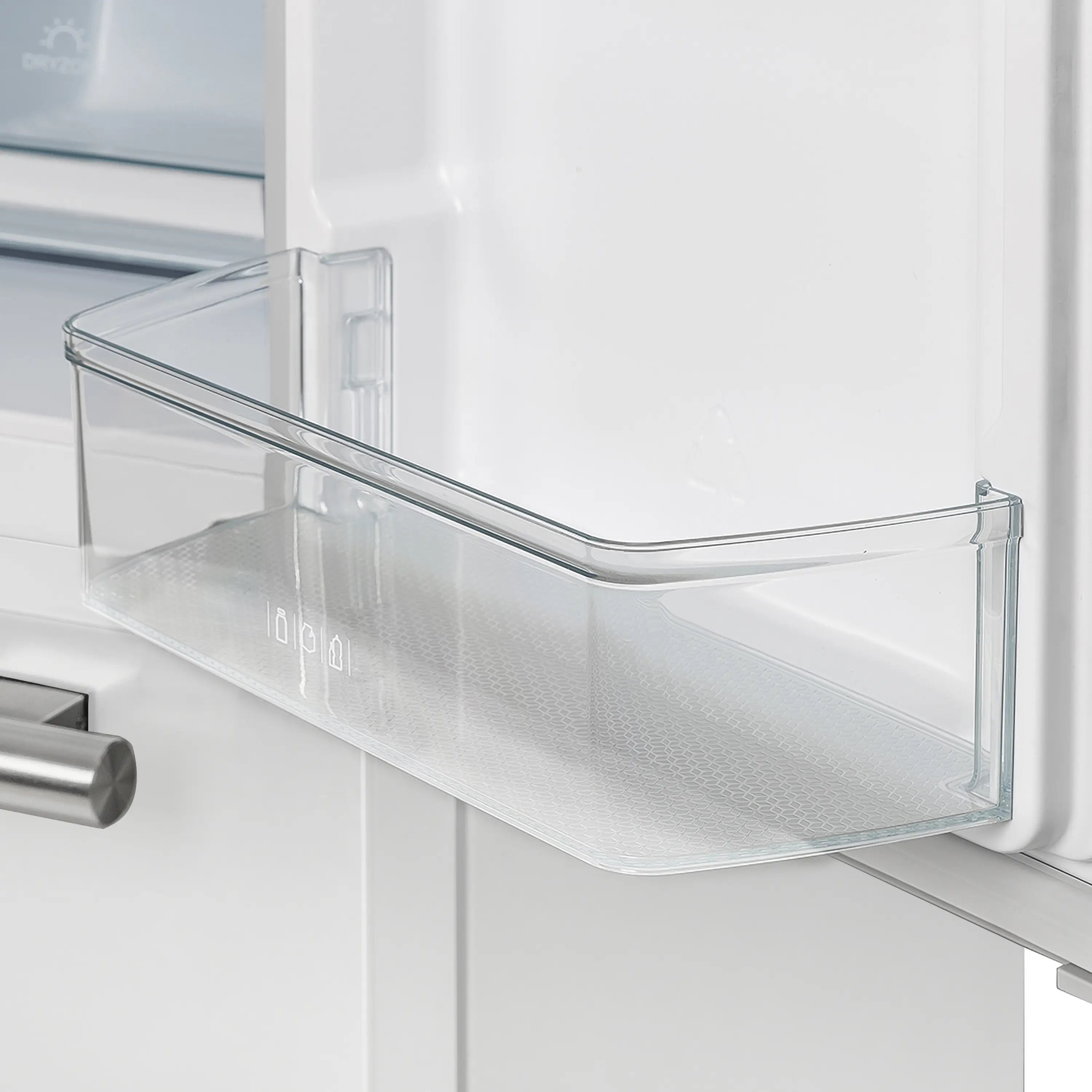 White refrigerator door shelf with clear glass bin, open interior