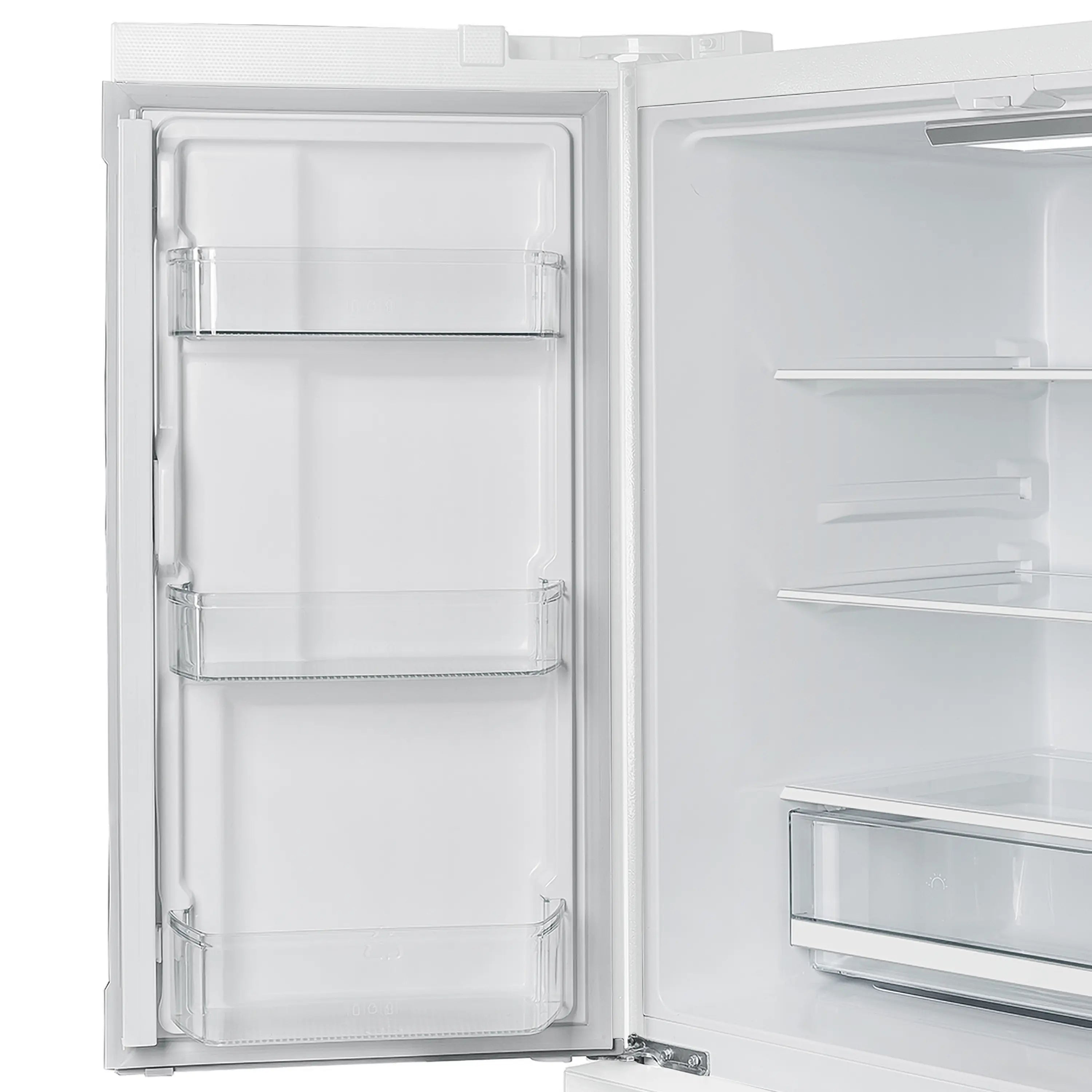 White refrigerator interior with door bins and adjustable shelves, doors open