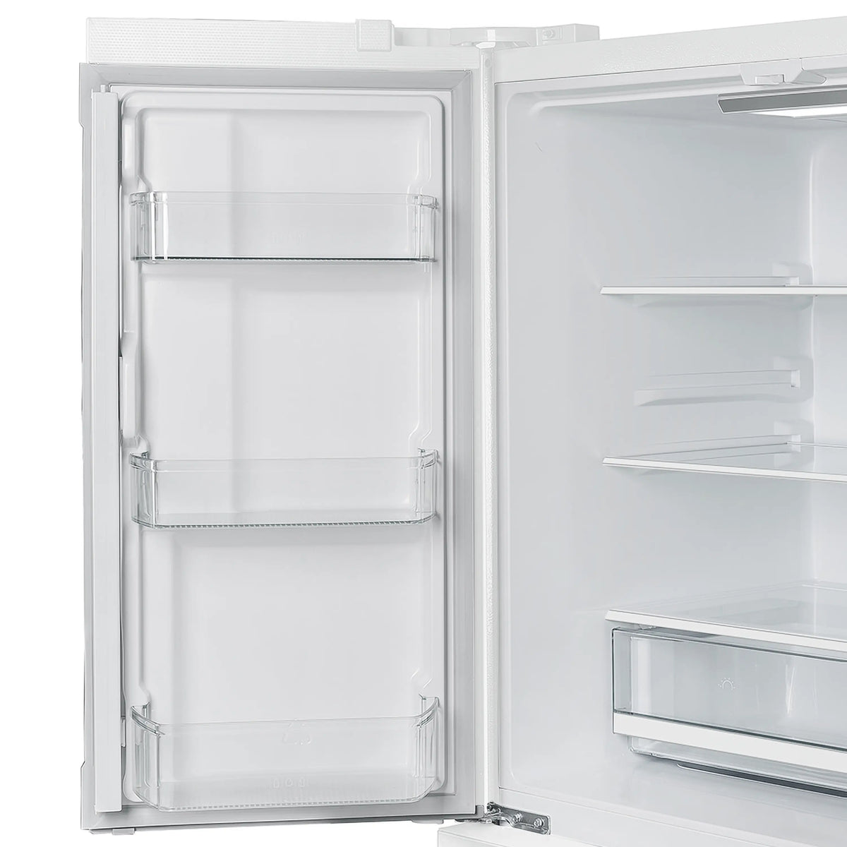 Refrigerator doors open with glass shelf and storage racks in white interior