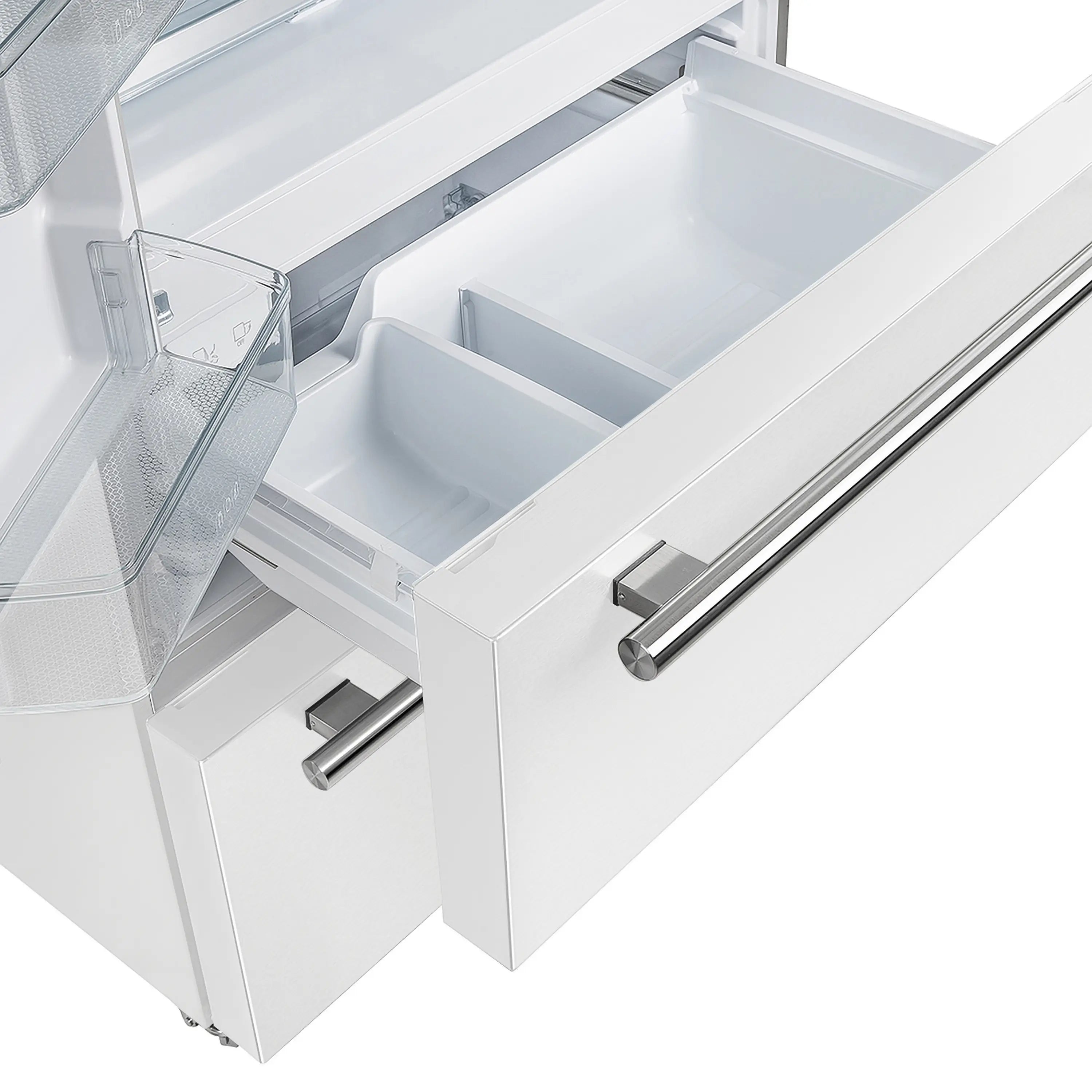 White crisper drawer with clear container, sliding rails, and brass-toned handles