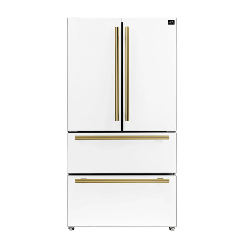 Forno 5-Piece Appliance Package - 30-Inch Induction Range, Under Cabinet Range Hood, French Door Refrigerator, Dishwasher, and 30-Inch Microwave Drawer in White with Antique Brass Trim