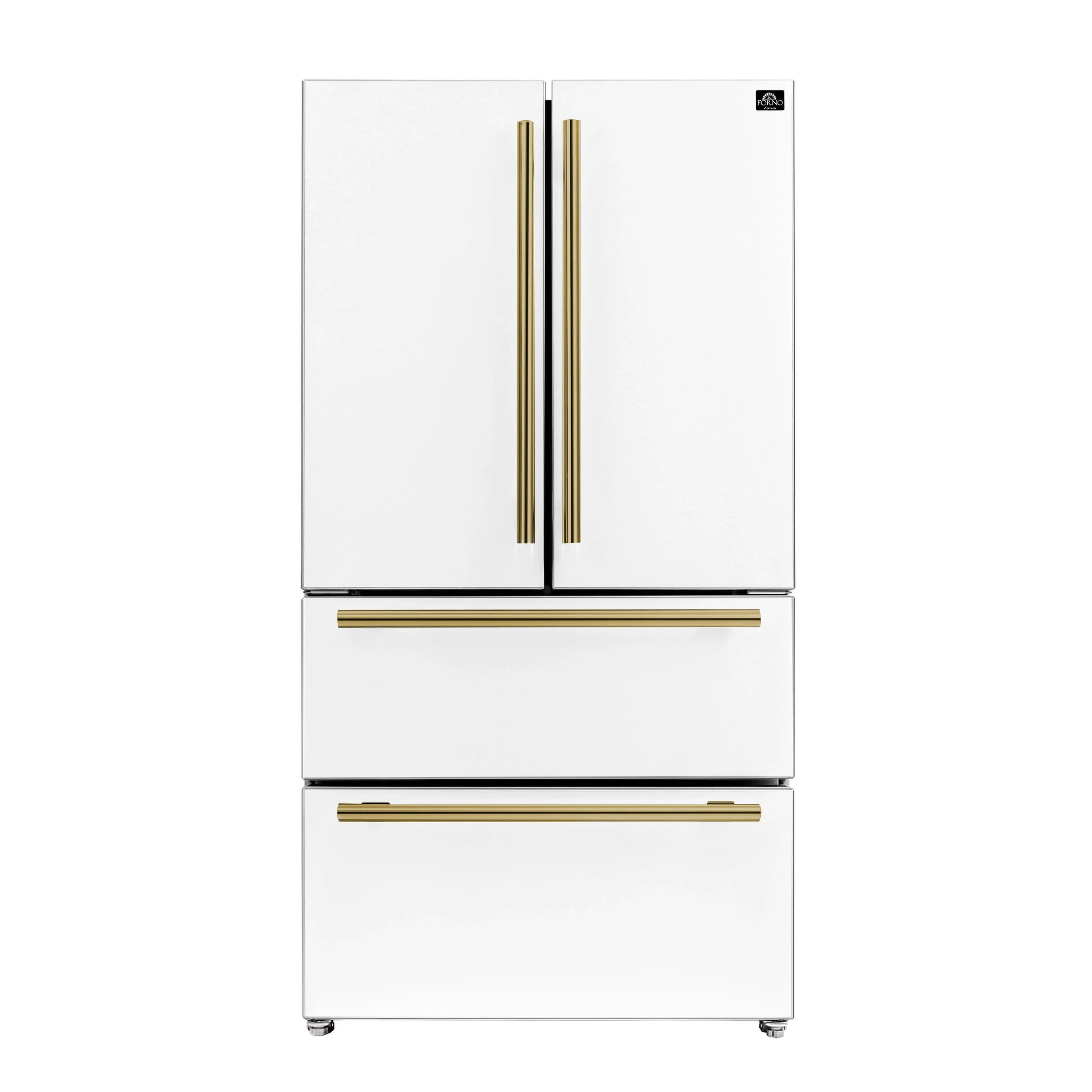 White refrigerator with antique brass vertical handles and two bottom drawers