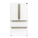 Forno Antico 5-Piece Appliance Package - 48-Inch Gas Range, 48-Inch Hood, 36-Inch Refrigerator, 24-Inch Dishwasher, & 30-Inch Microwave Oven in White with Antique Brass Trim