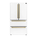 Forno 4-Piece Appliance Package - 36-Inch Gas Range, Wall Mount Range Hood, 36-Inch French Door Refrigerator, and Dishwasher in White with Antique Brass Handle