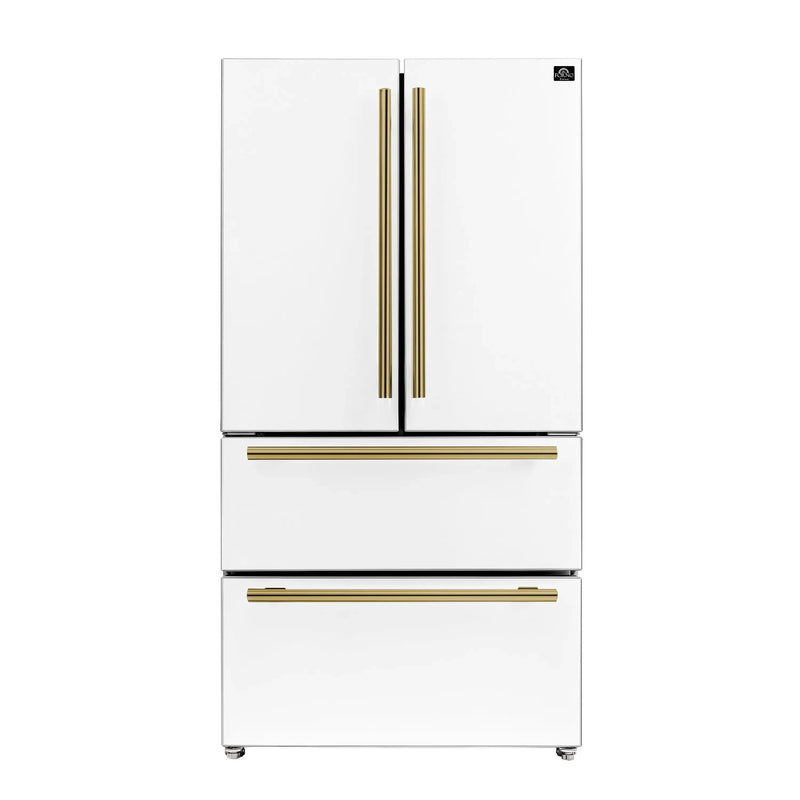 Forno Antico 5-Piece Appliance Package - 48-Inch Gas Range, 48-Inch Hood, 36-Inch Refrigerator, 24-Inch Dishwasher, & 24-Inch Microwave Oven in White with Antique Brass Trim