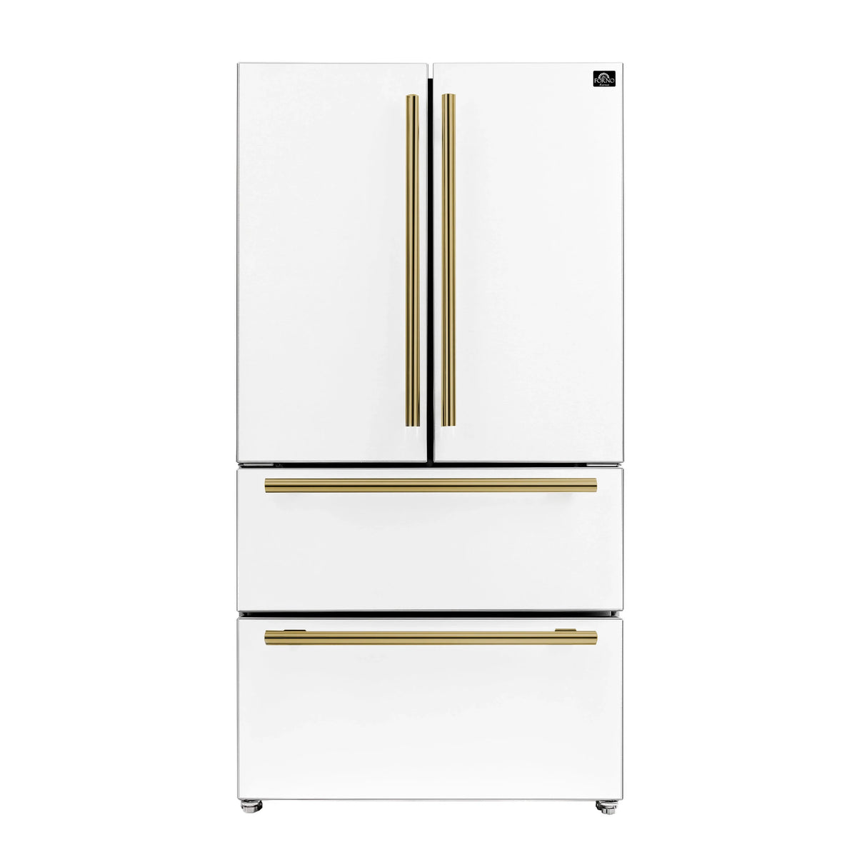 White refrigerator with double doors and antique brass handle accents