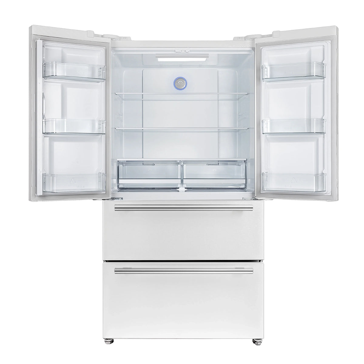 White refrigerator interior with open French doors, shelves, and bottom freezer drawer
