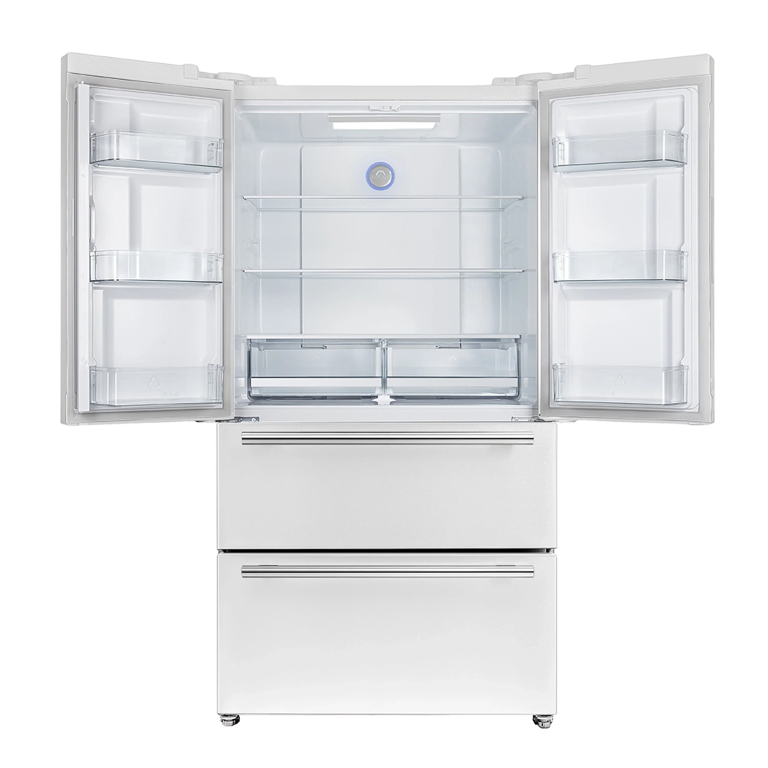 White refrigerator interior with two side shelves and central drawers