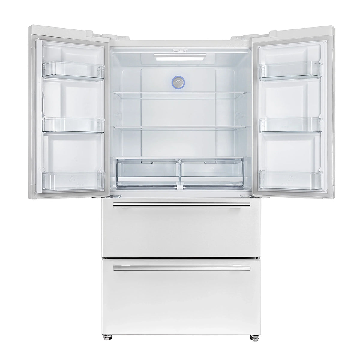 Open white refrigerator with glass shelves and bottom crisper drawer