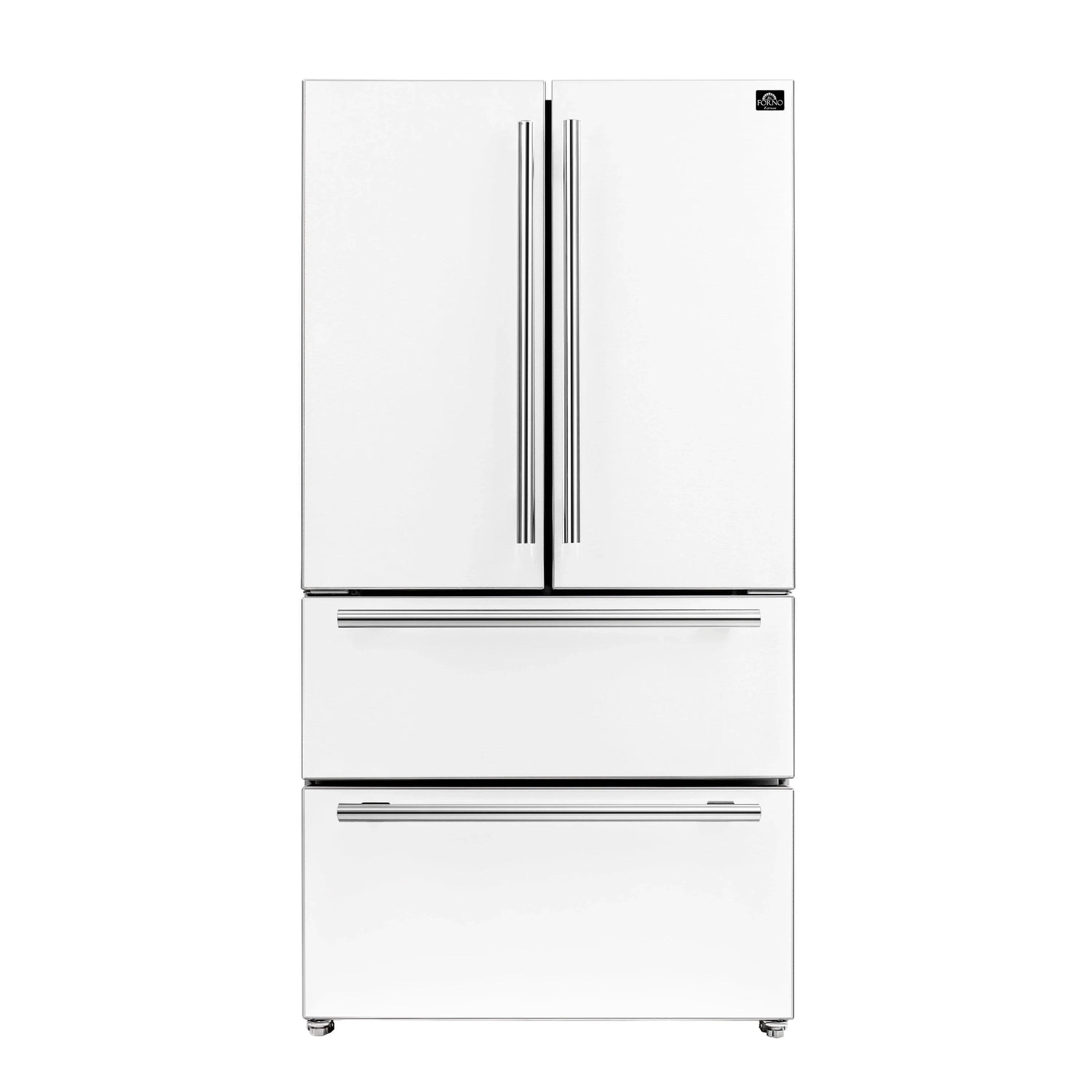 French door refrigerator in white with stainless side handles
