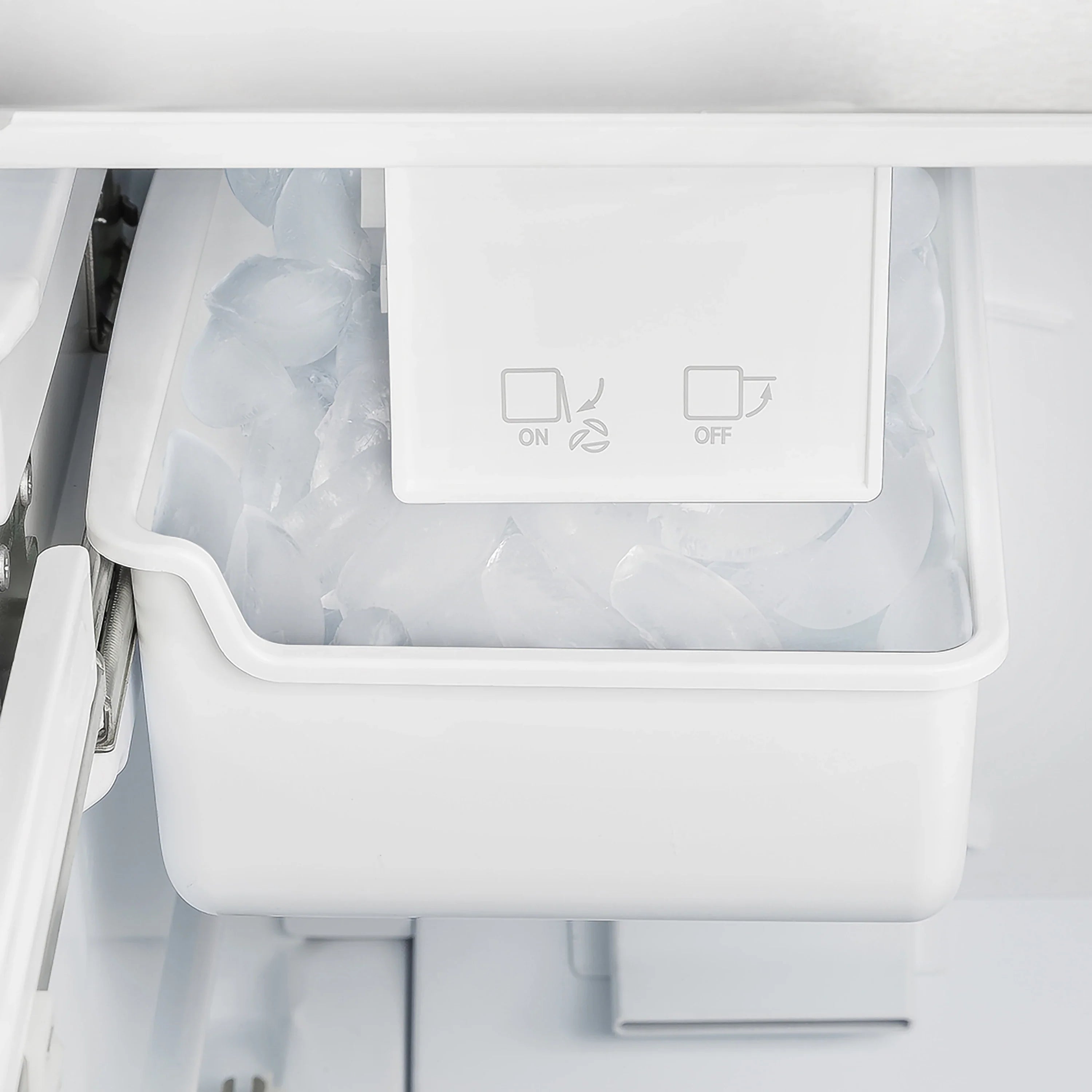 White freezer compartment drawer with ice-bin style container