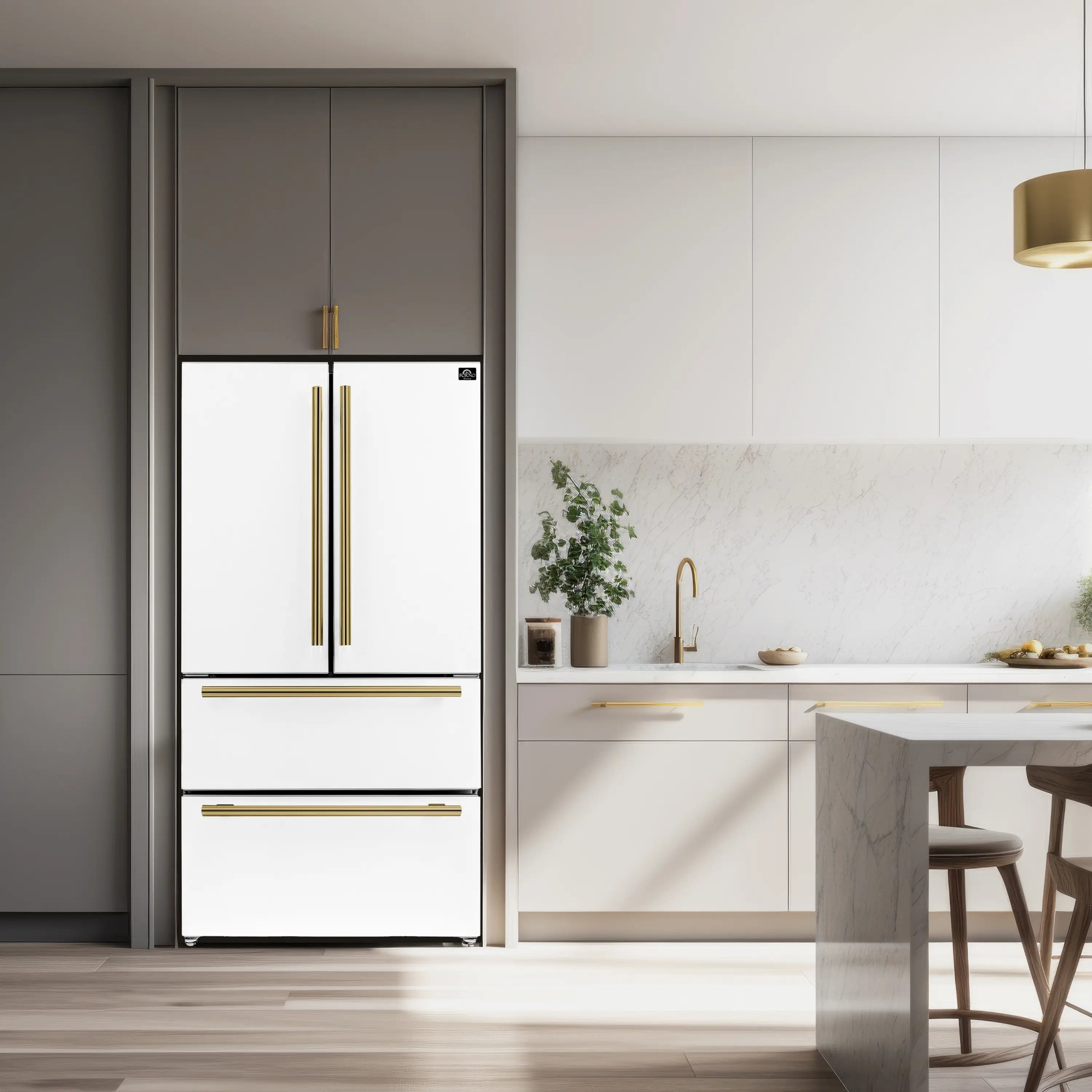 White French door refrigerator with antique brass trim, open doors