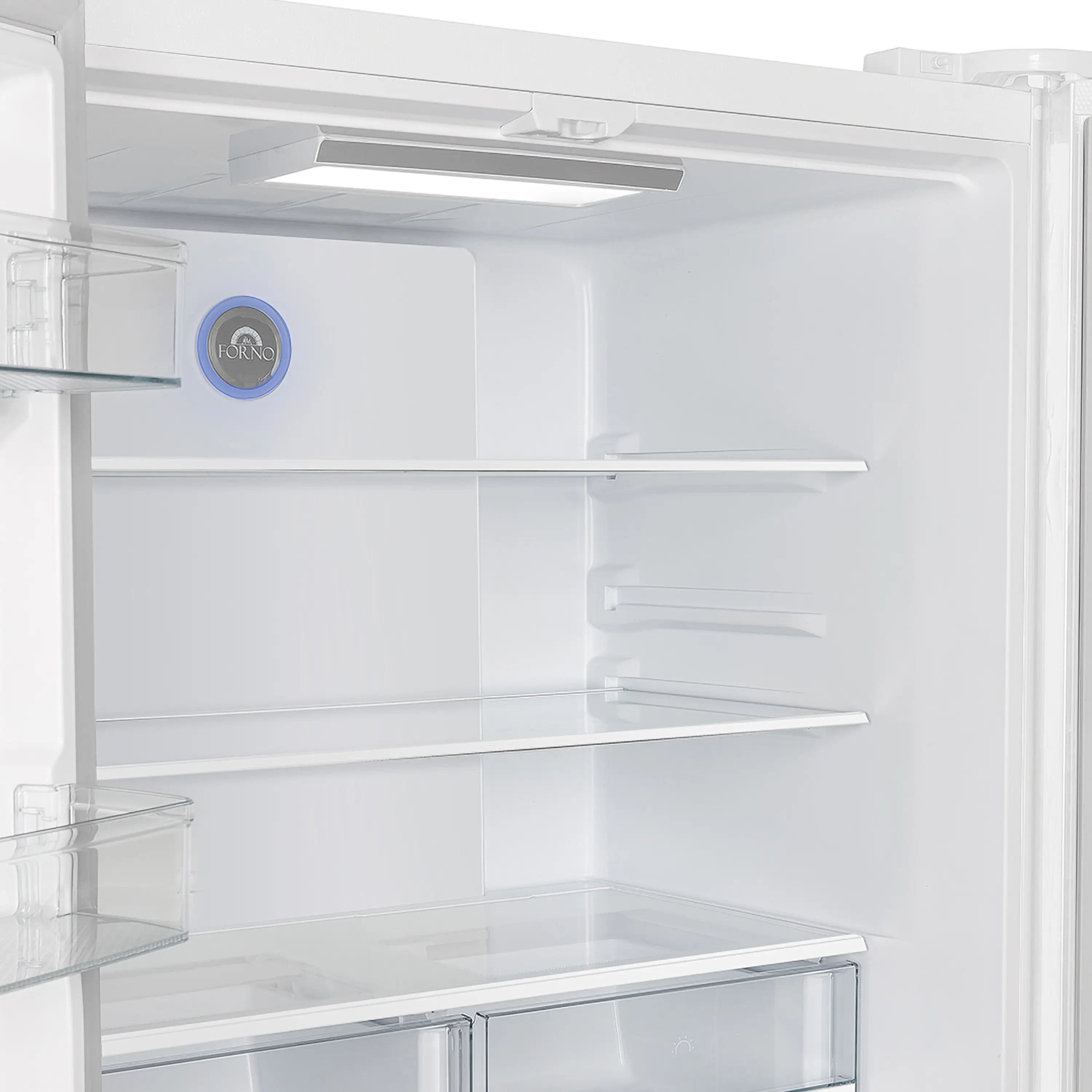 White refrigerator interior with adjustable glass shelves and clear produce drawer
