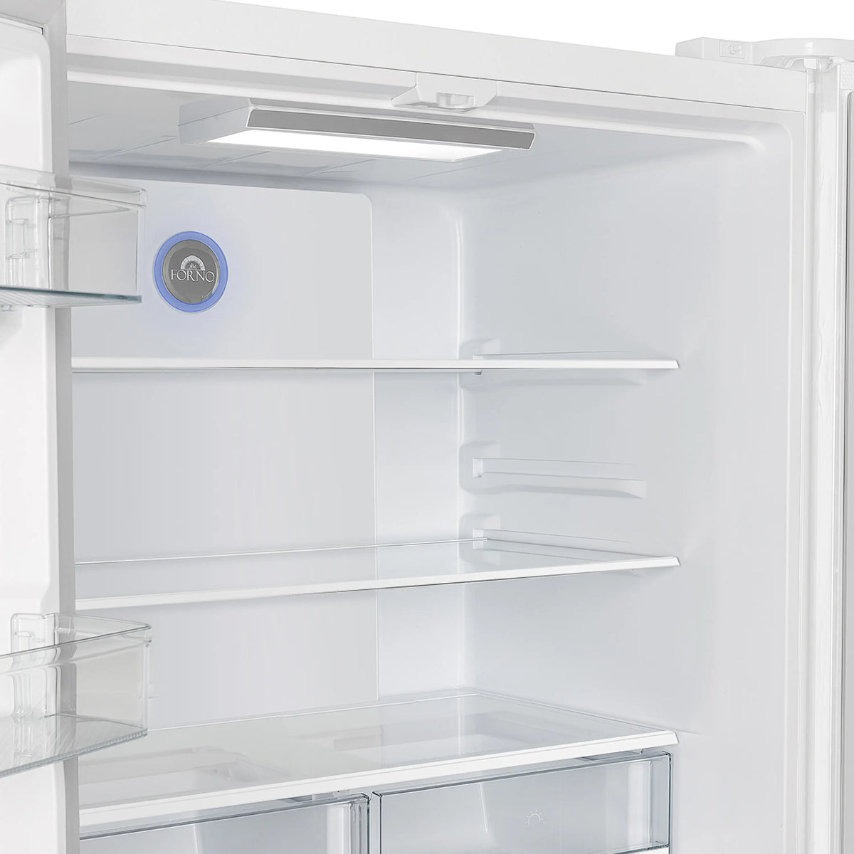 White refrigerator interior with adjustable shelves and internal light