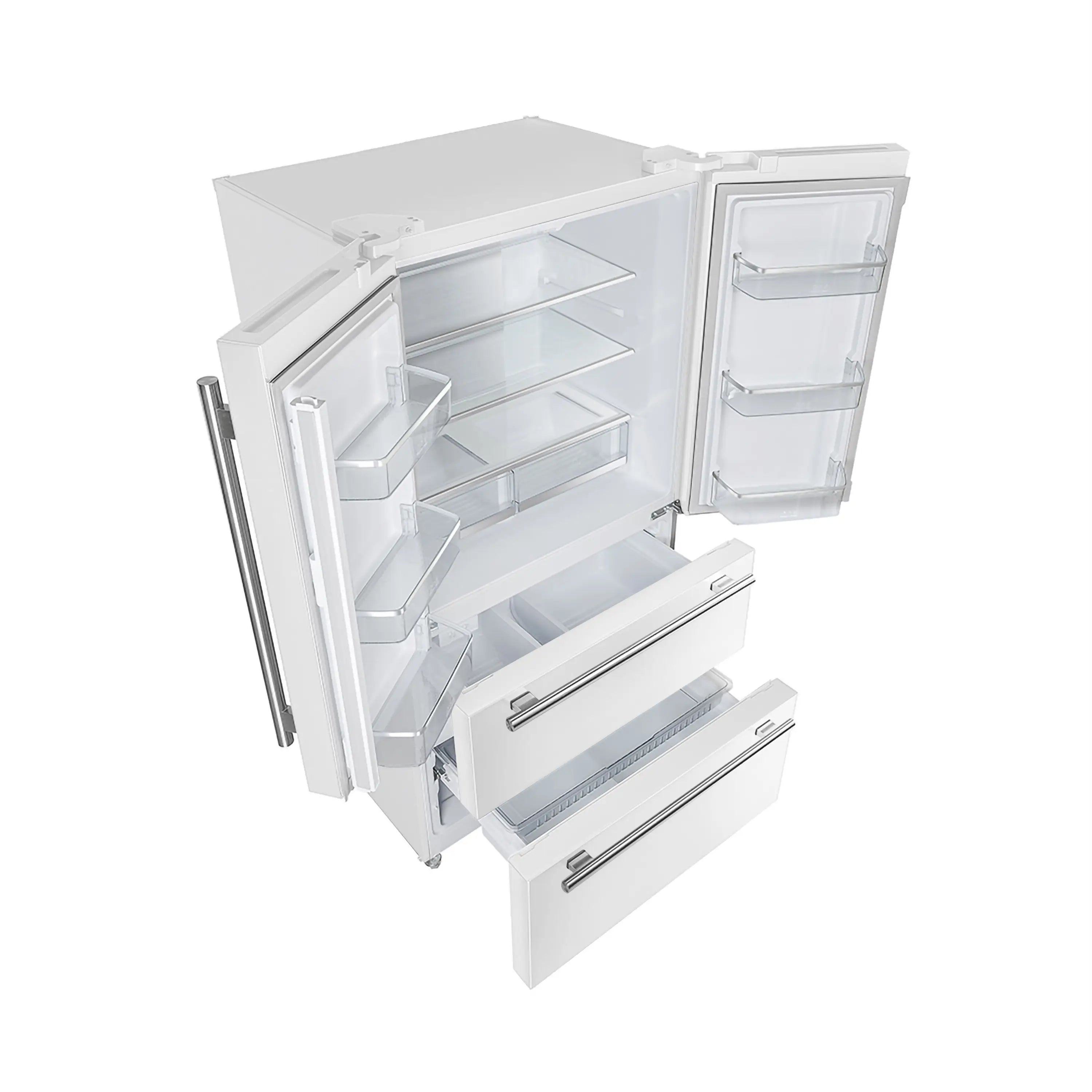 White refrigerator with open door showing shelves, drawers, and door bins