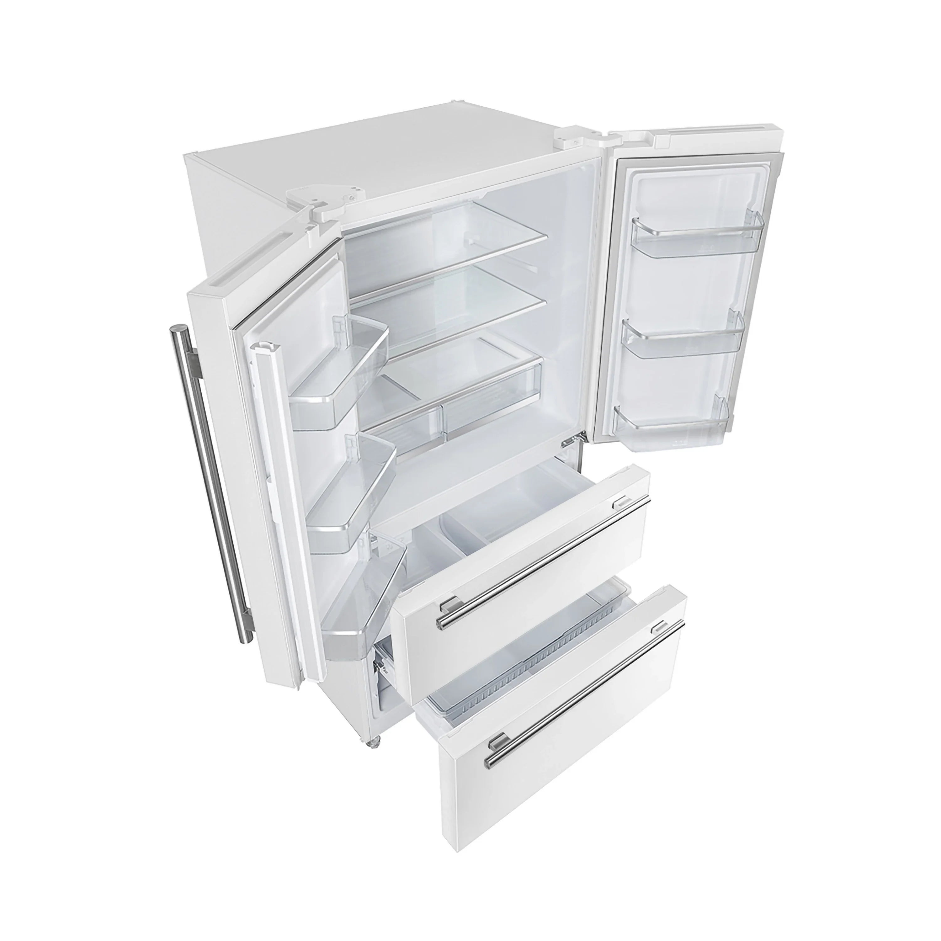 White French door refrigerator with open doors showing shelves and bins