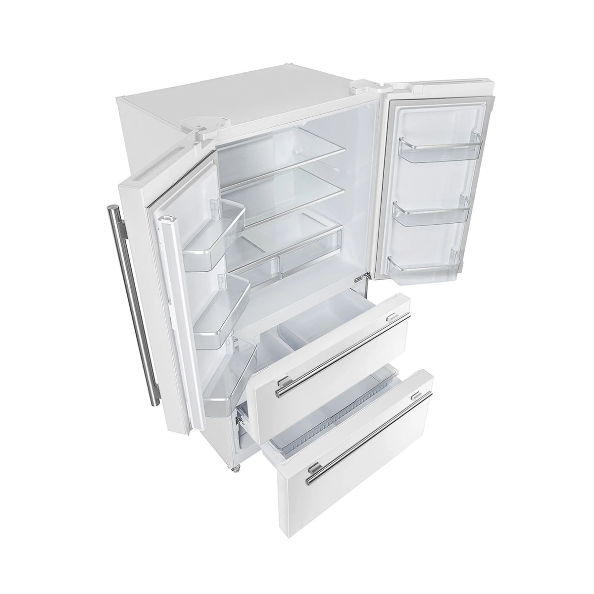 Open white refrigerator interior with shelves, drawers, and door compartments