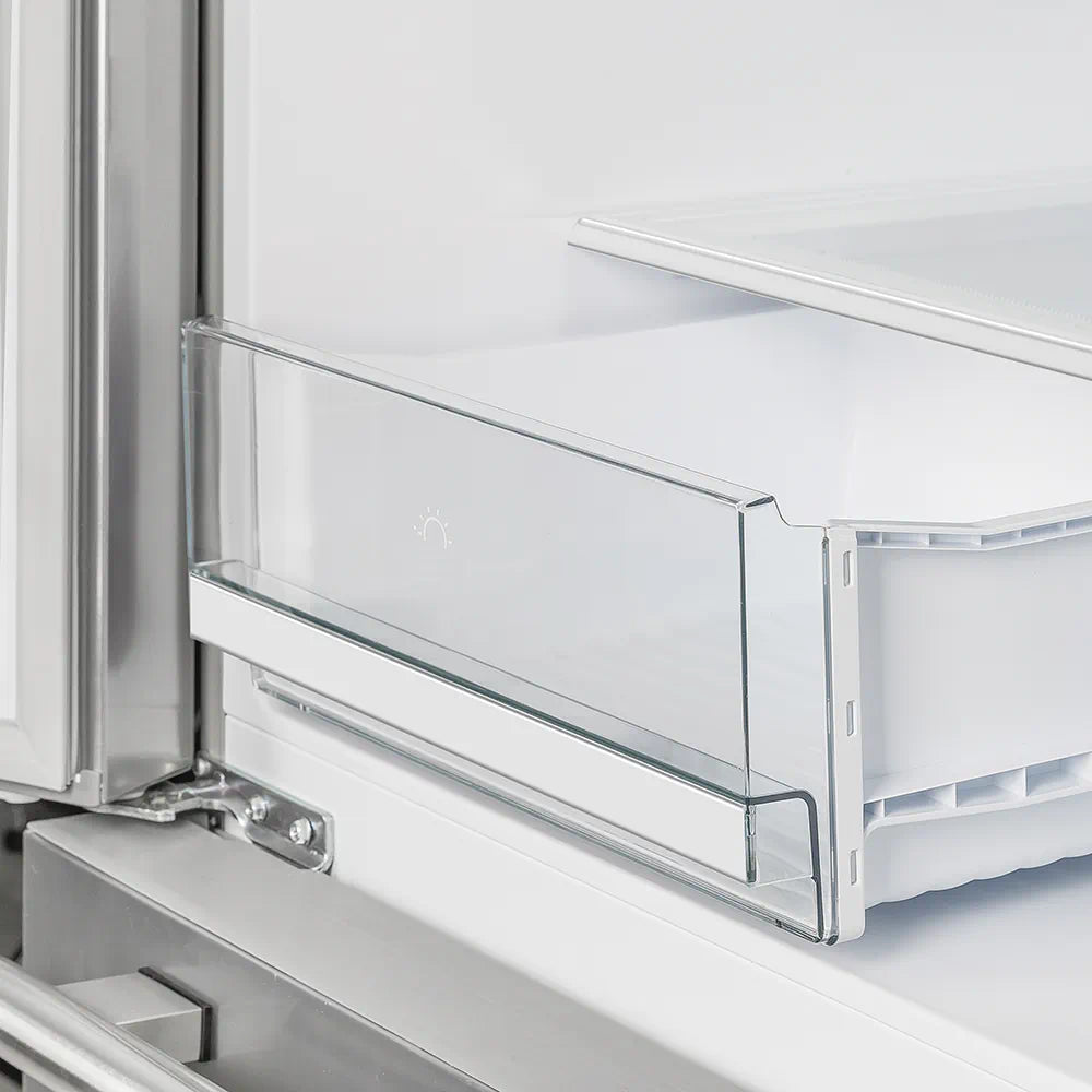 Refrigerator interior door shelf with clear glass panel and metal support frame