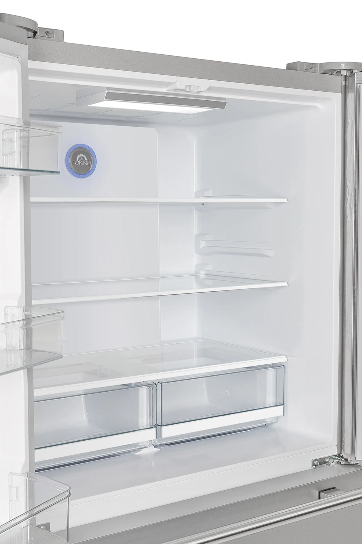 Refrigerator interior with white shelves and clear-door storage bins