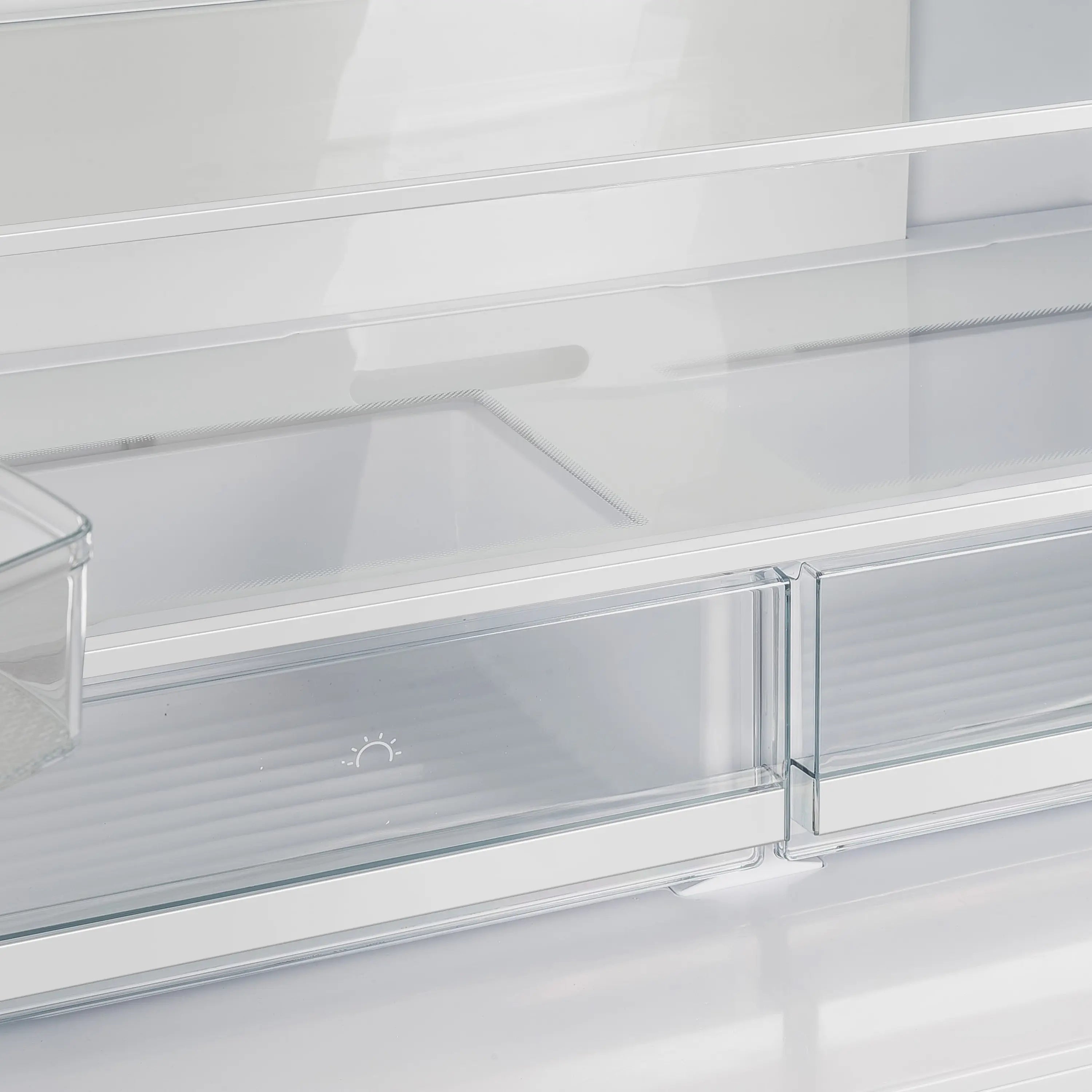 Refrigerator upper door shelf with clear glass panel and metal side supports