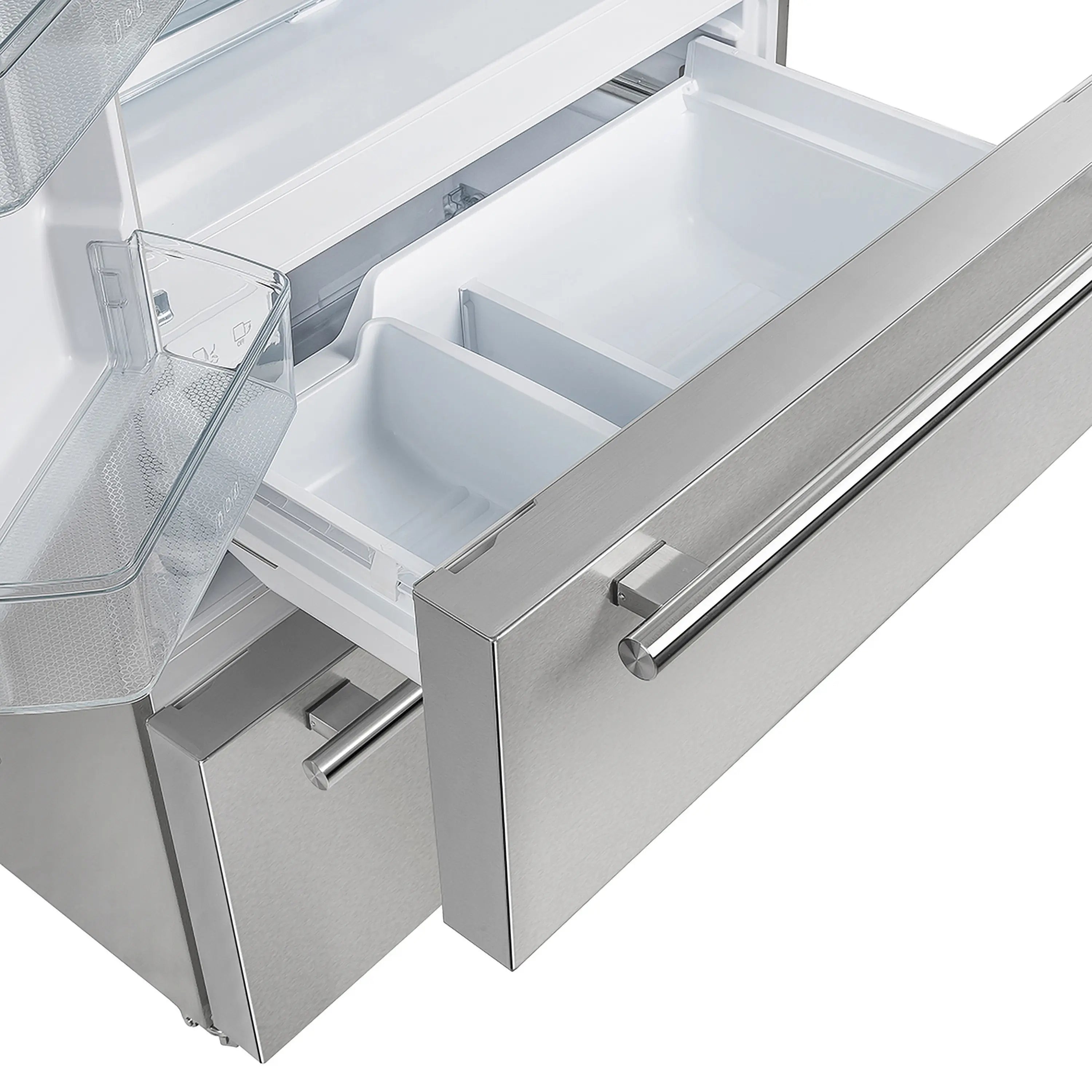 Refrigerator freezer drawers open with clear side bins and stainless handles