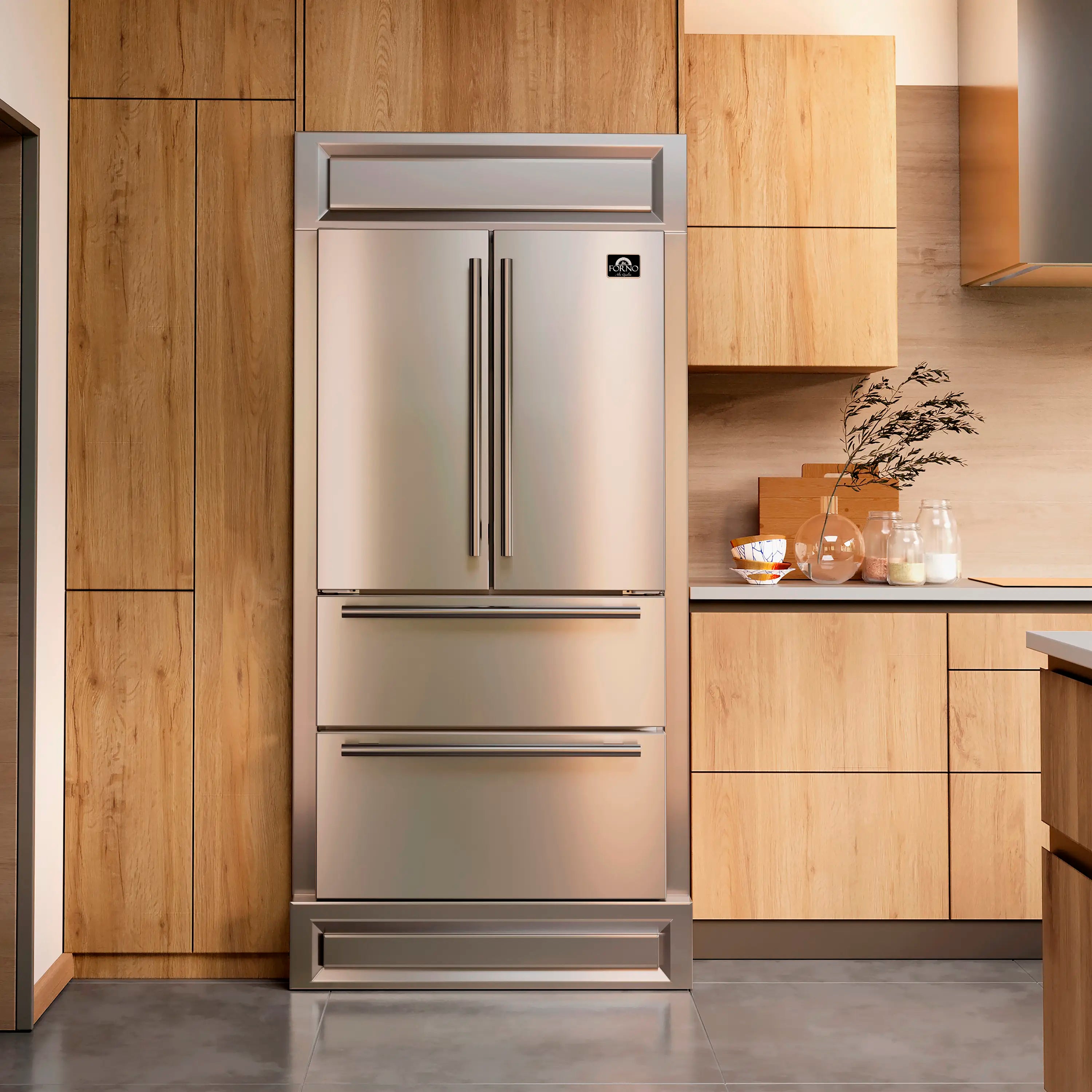 Stainless steel French door refrigerator with modern decorative grille and double handle.