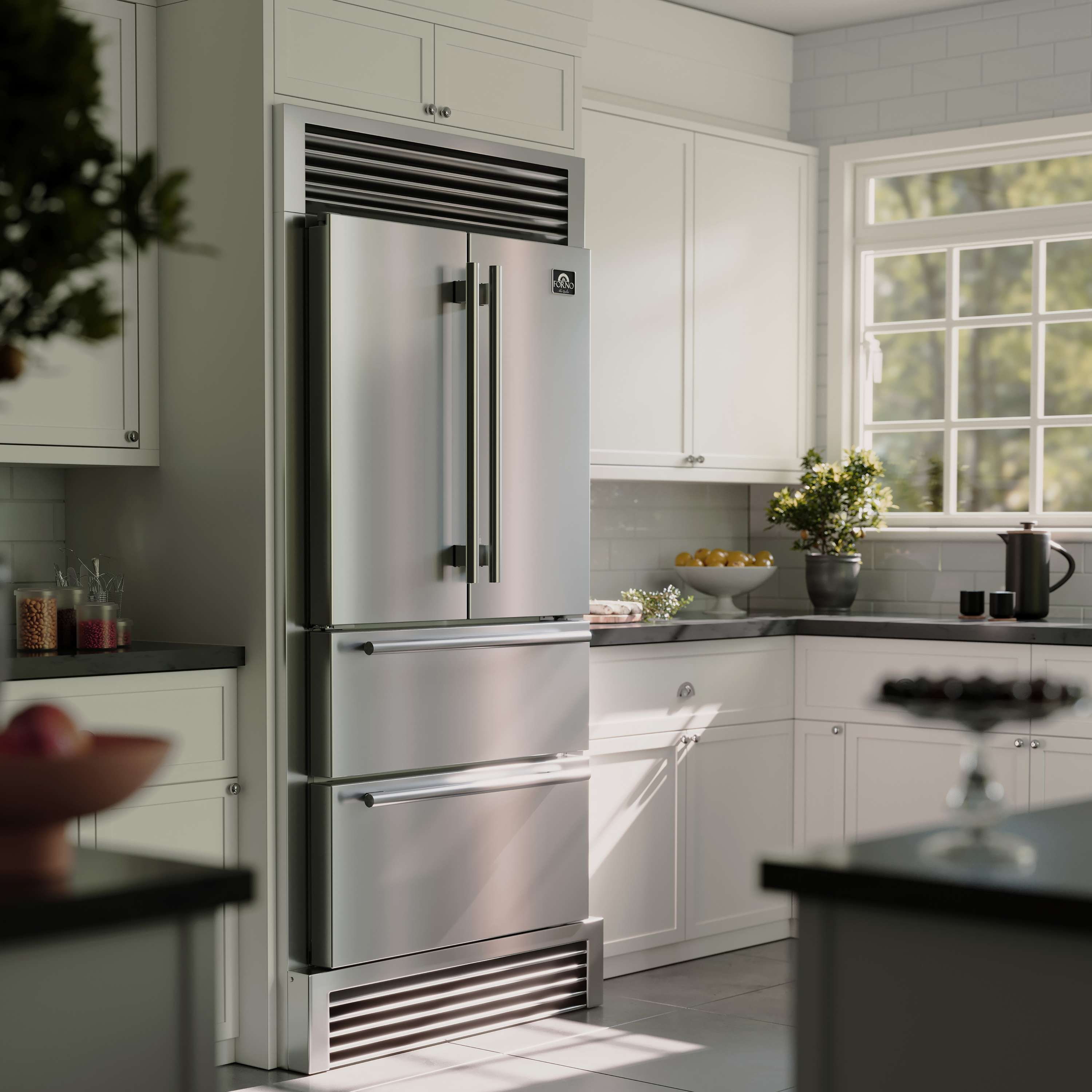 Stainless French door refrigerator with dispenser and two freezer drawer doors