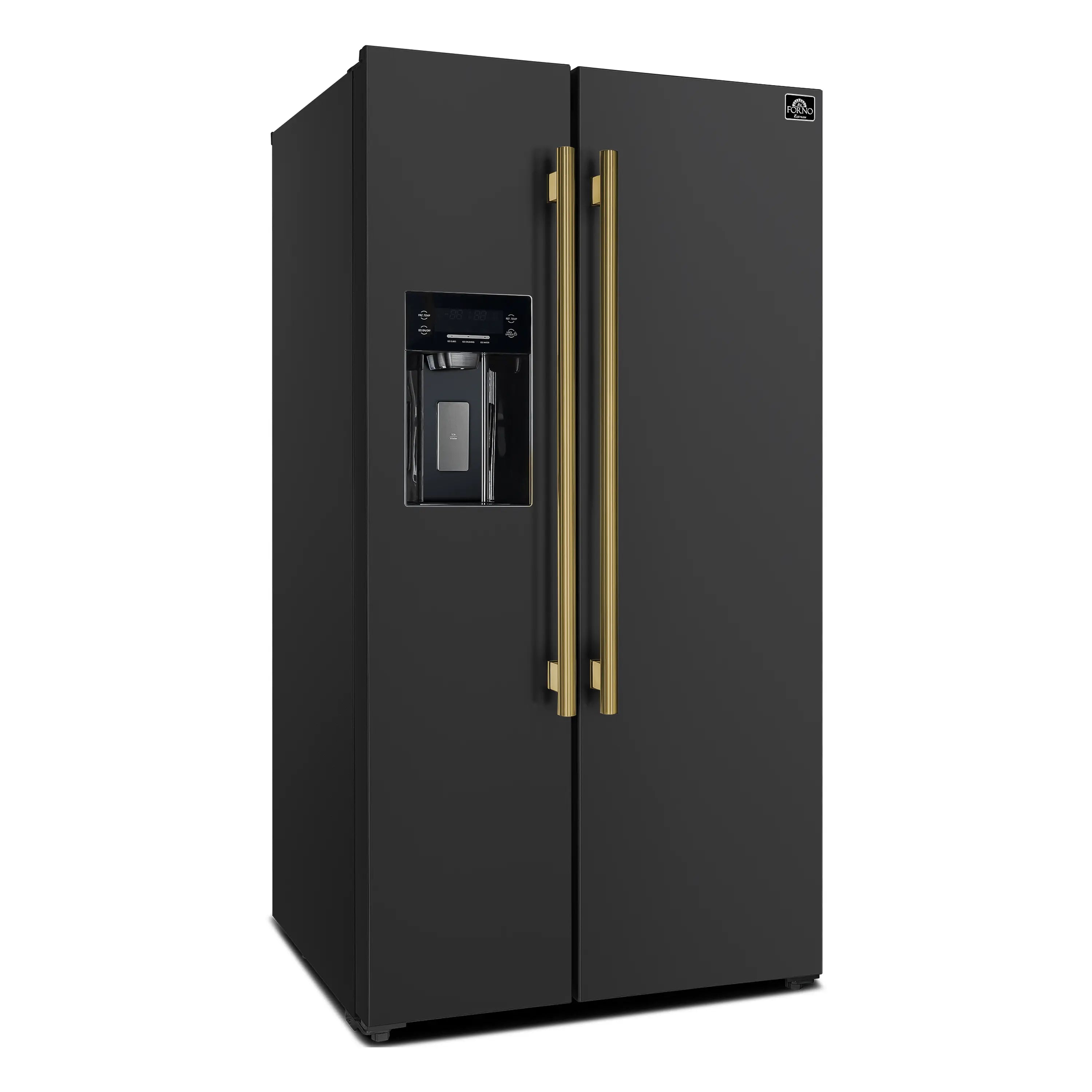 Black side-by-side refrigerator with antique brass handles and built-in water dispenser