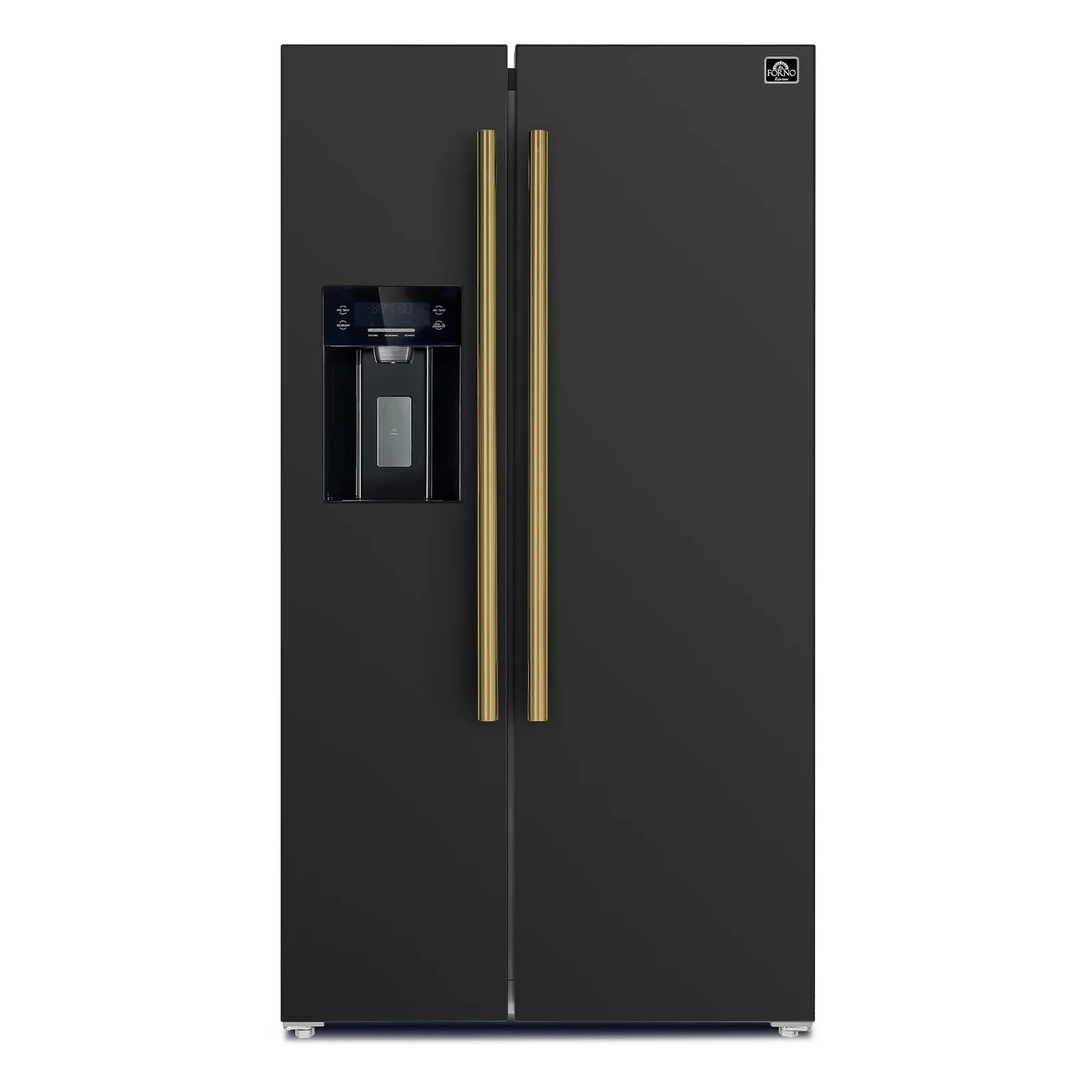 Black refrigerator front with tall gold handles and built-in water/ice dispenser