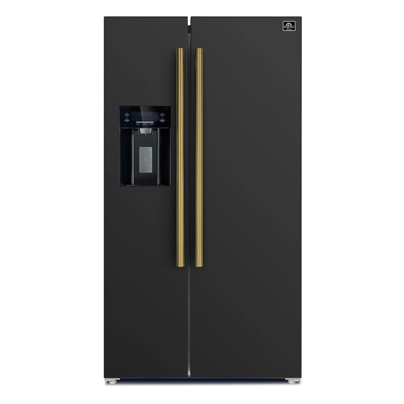 Forno 5-Piece Appliance Package - 30-Inch Gas Range, Under Cabinet Range Hood, Refrigerator with Water Dispenser, Dishwasher, and  30-Inch Microwave Oven in Black with Antique Brass Trim