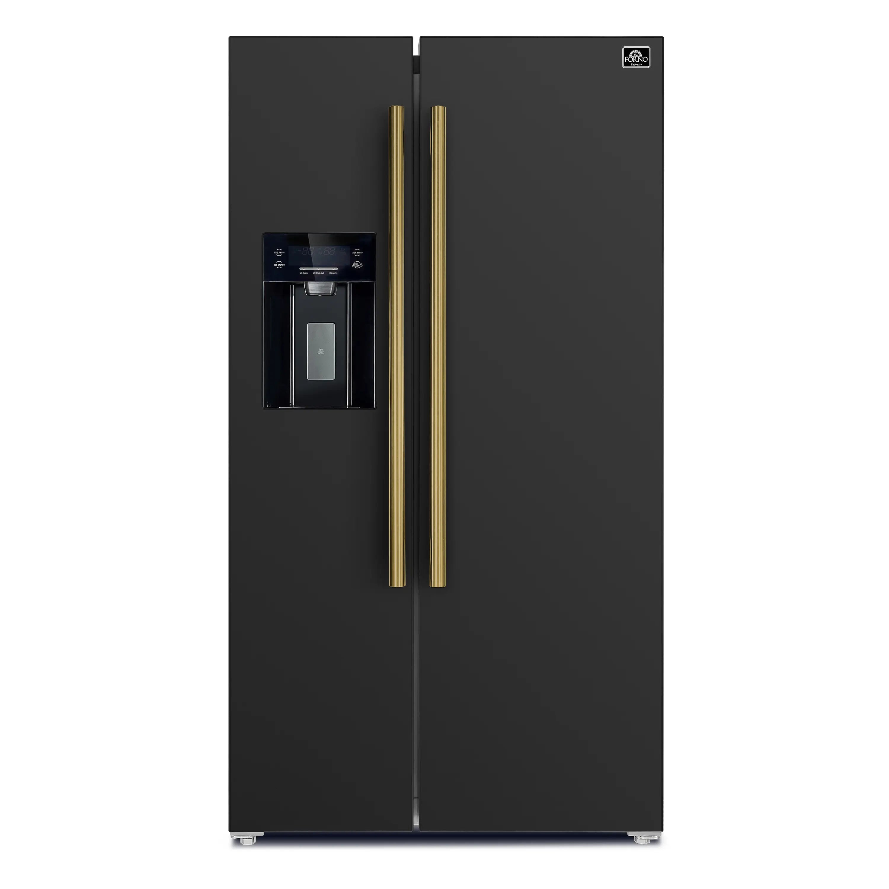 Black side-by-side refrigerator front with antique brass handles and water dispenser panel
