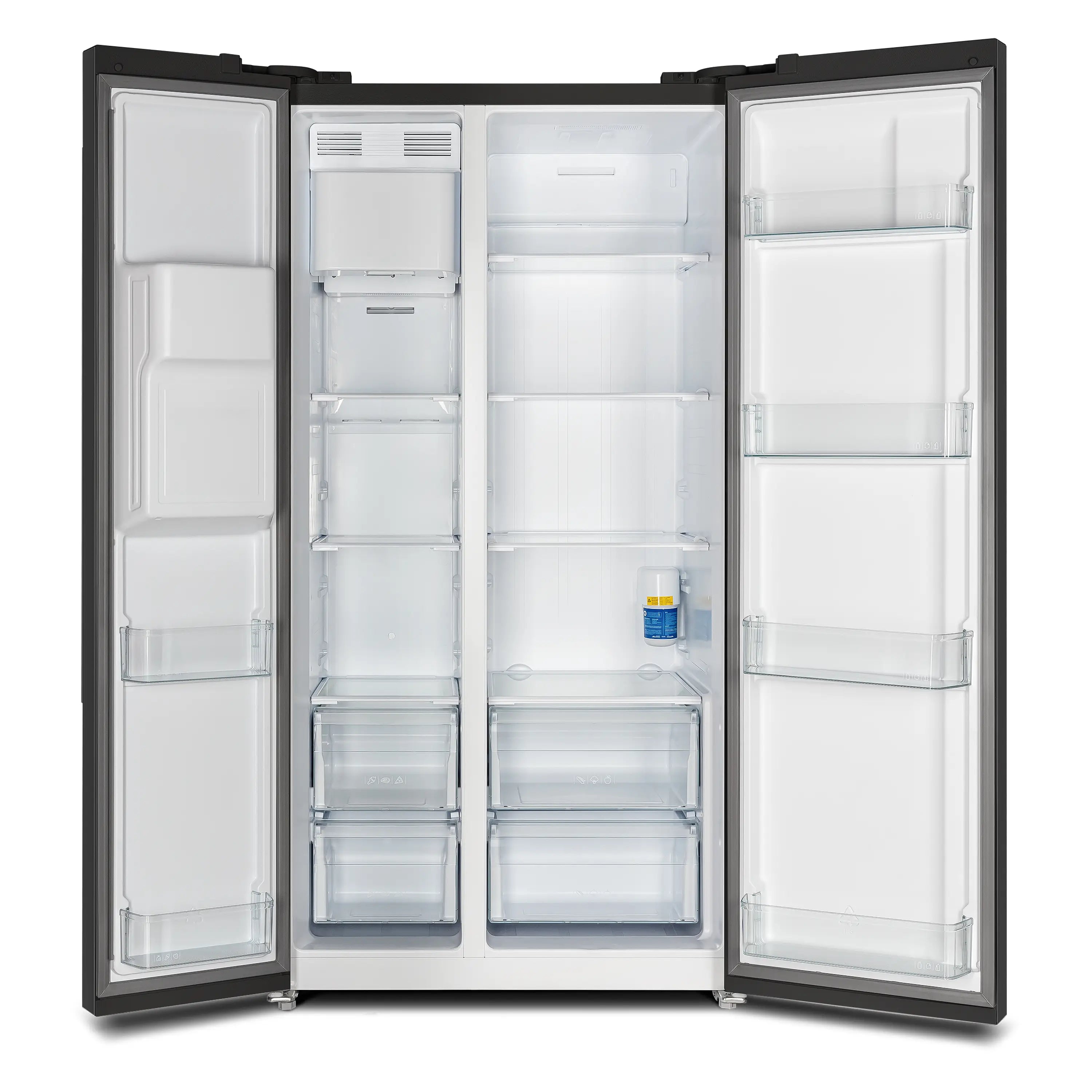 Black side-by-side refrigerator with both compartments open, glass shelves and bins