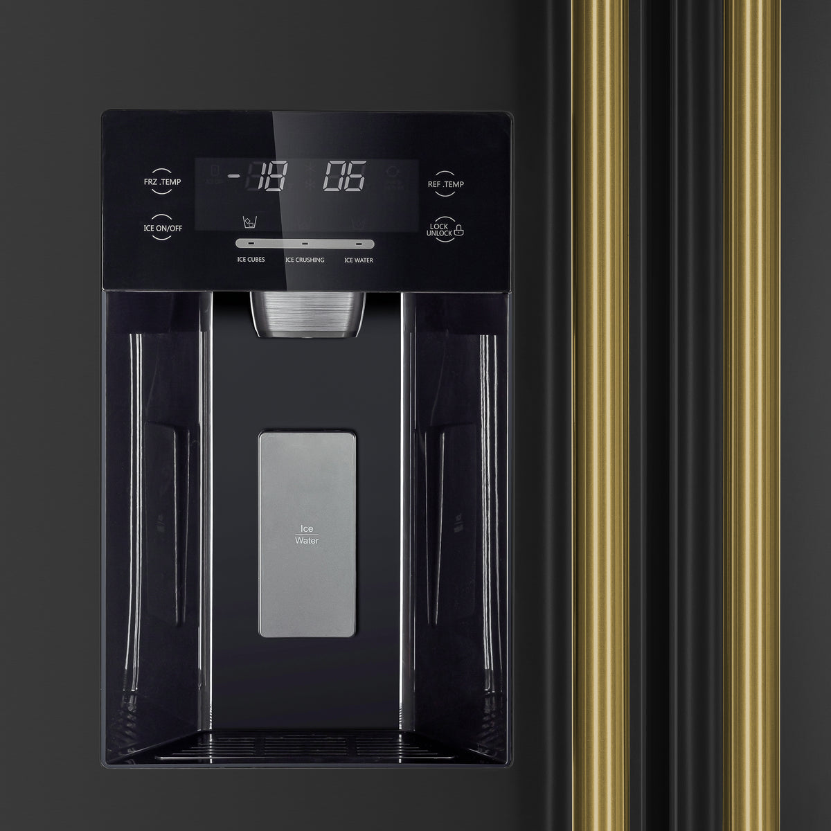 Black refrigerator door with digital dispenser controls and gold trim