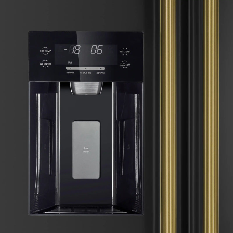 Forno 4-Piece Appliance Package - 30-Inch Induction Range, Under Cabinet Range Hood, French Door Refrigerator with Water Dispenser, and Dishwasher in Black with Antique Brass Trim