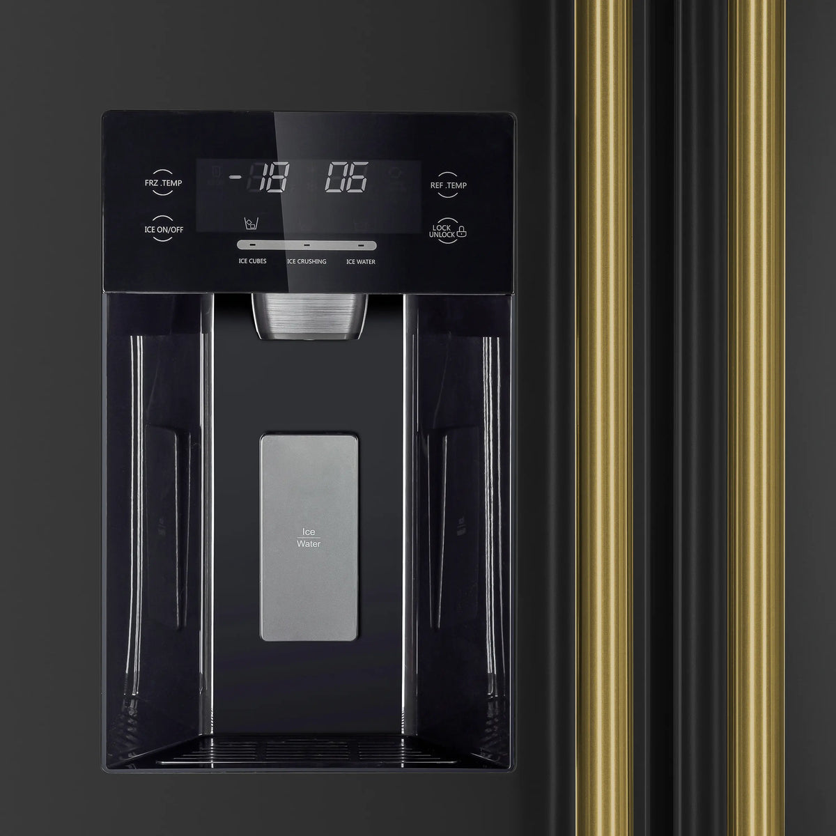 Close-up of black water dispenser with digital display and gold-tone vertical handles