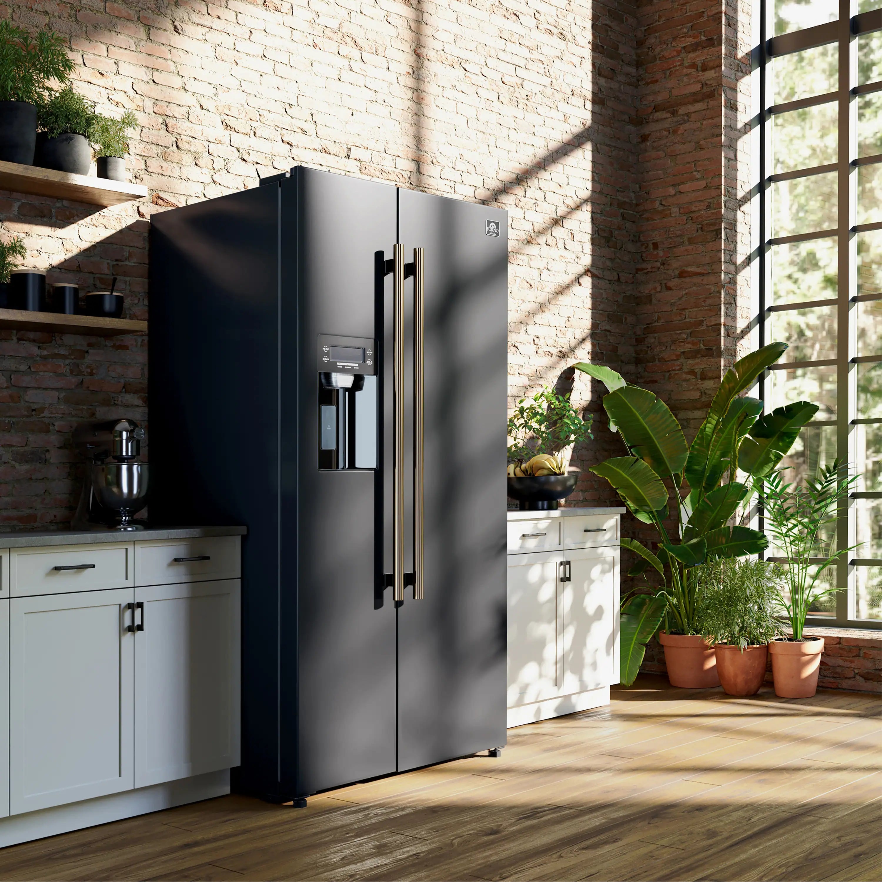Black refrigerator with water dispenser and antique brass double handles
