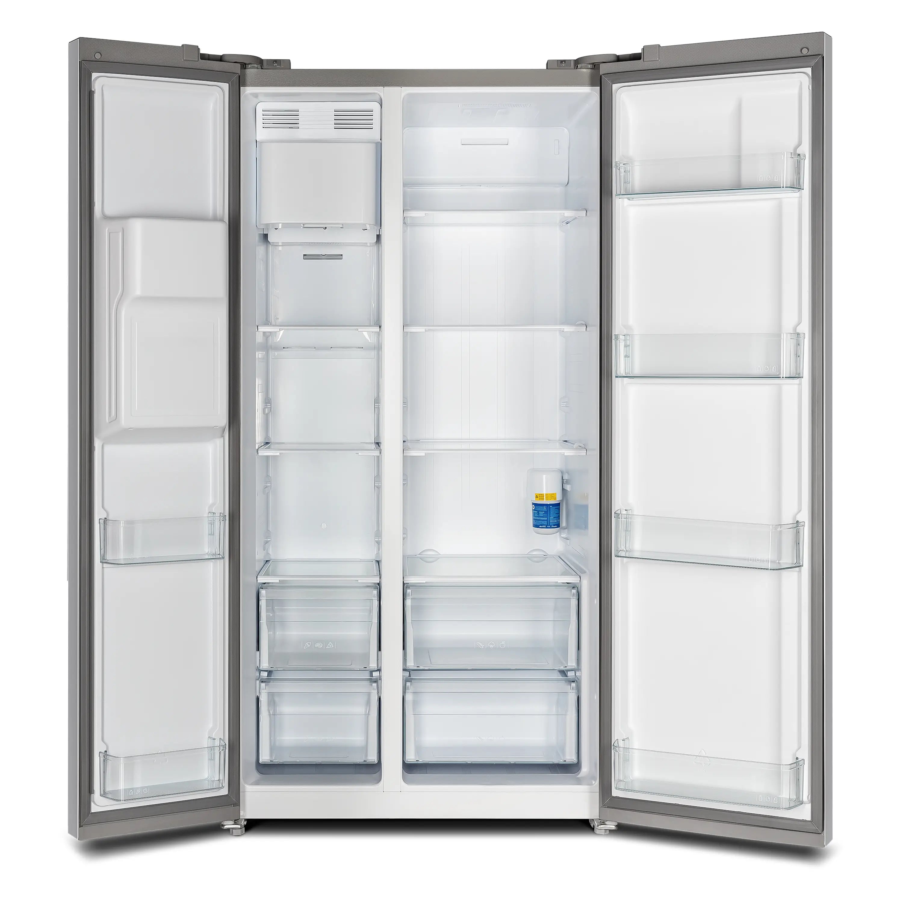 Refrigerator doors open with clear drawers, shelves, and a middle water dispenser area