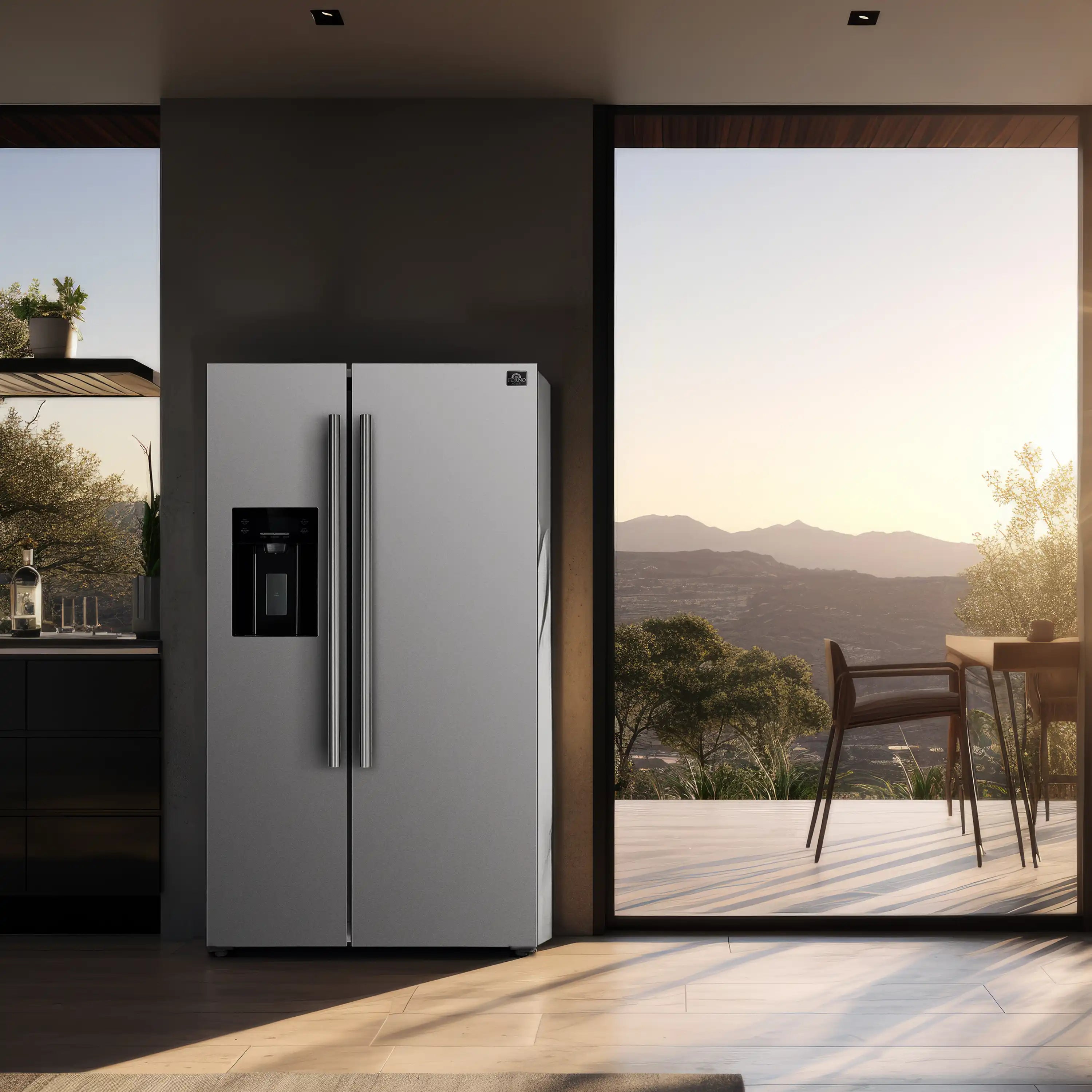 Stainless steel side-by-side refrigerator with water dispenser and dual ice maker handles