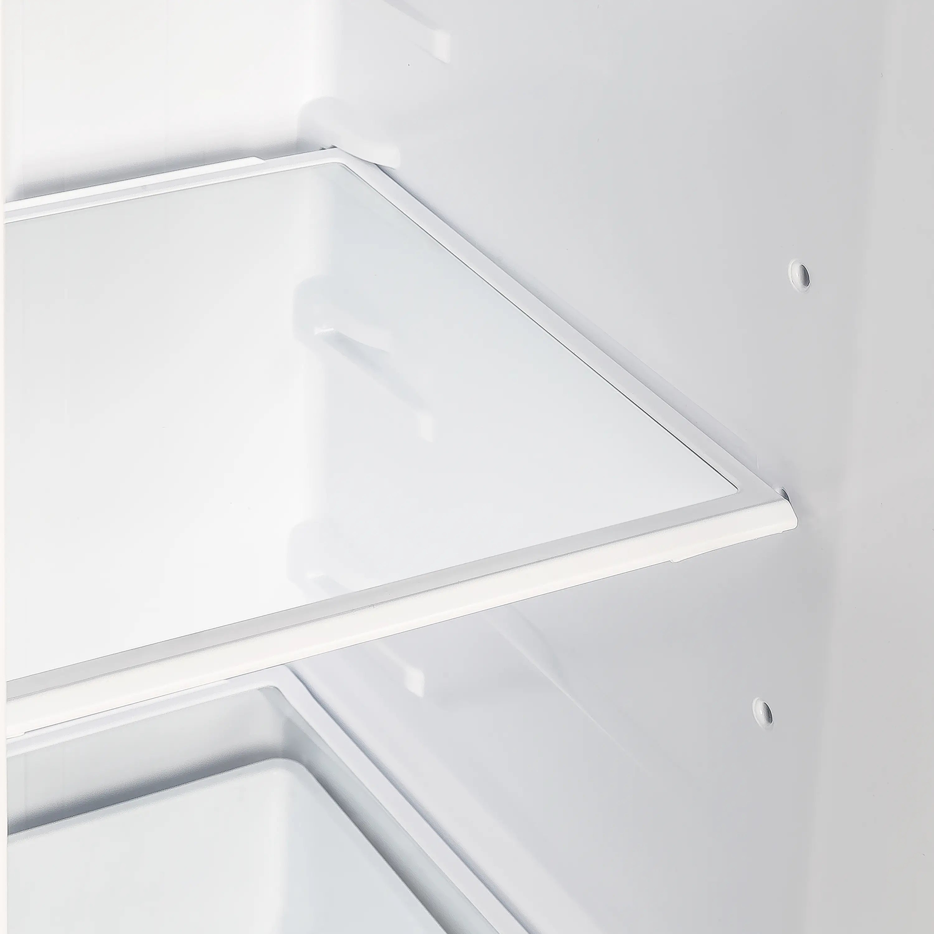 Refrigerator interior door shelf and white mounting ledge detail