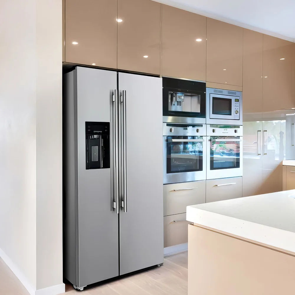 Forno 36-Inch Side by Side 20 cu.ft Refrigerator in Stainless Steel with Water Dispenser and Ice Maker shown in a styled kitchen